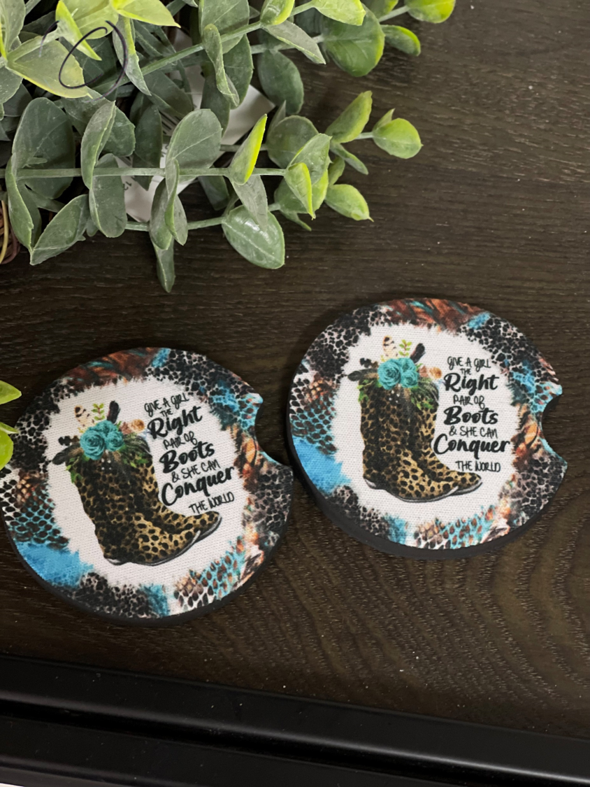 Give A Girl The Right Boots car coaster set featuring a stylish design, made of durable neoprene material, perfect for vehicle cup holders.