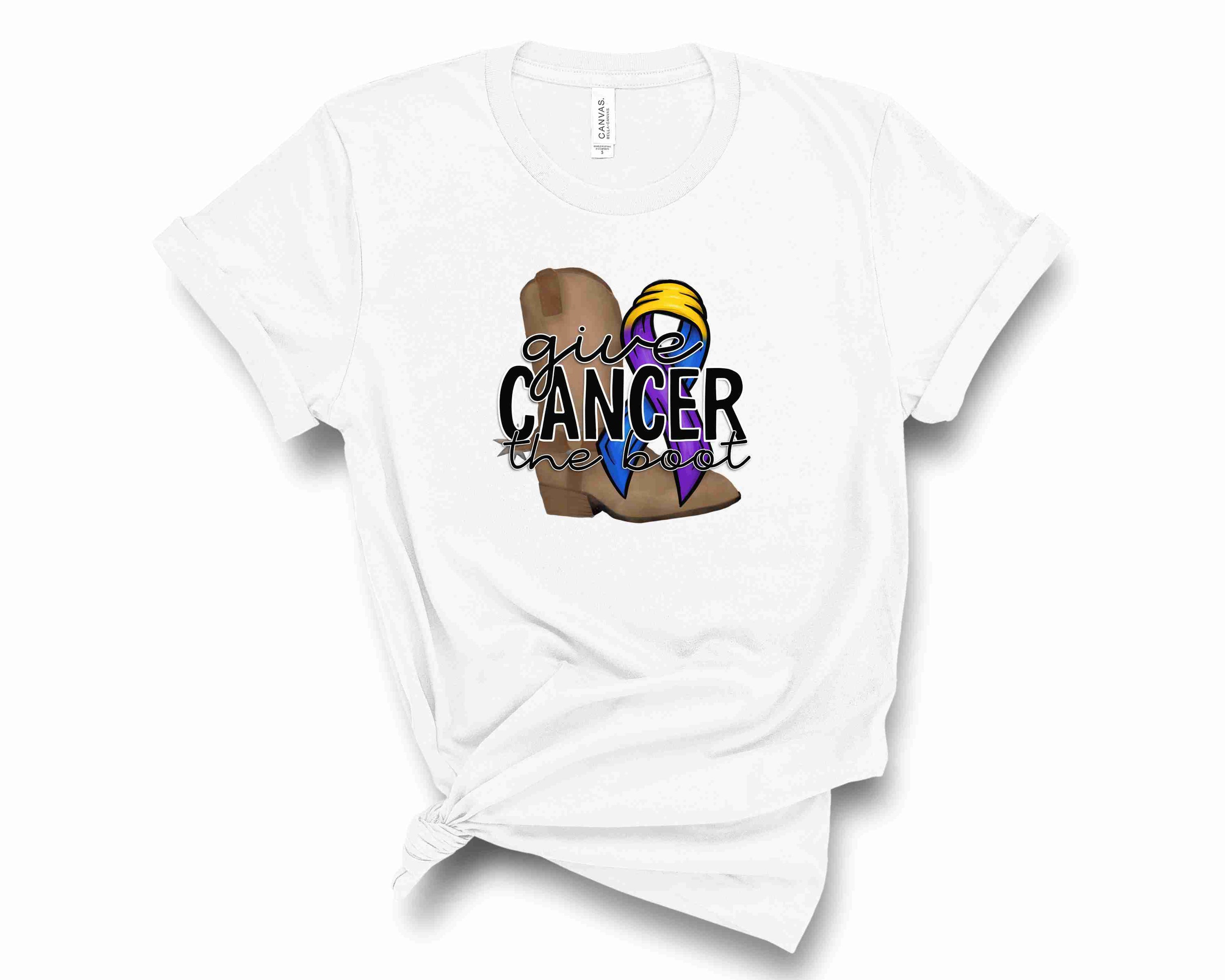 Unisex graphic tee featuring a blue, purple, and yellow ribbon design symbolizing cancer awareness.