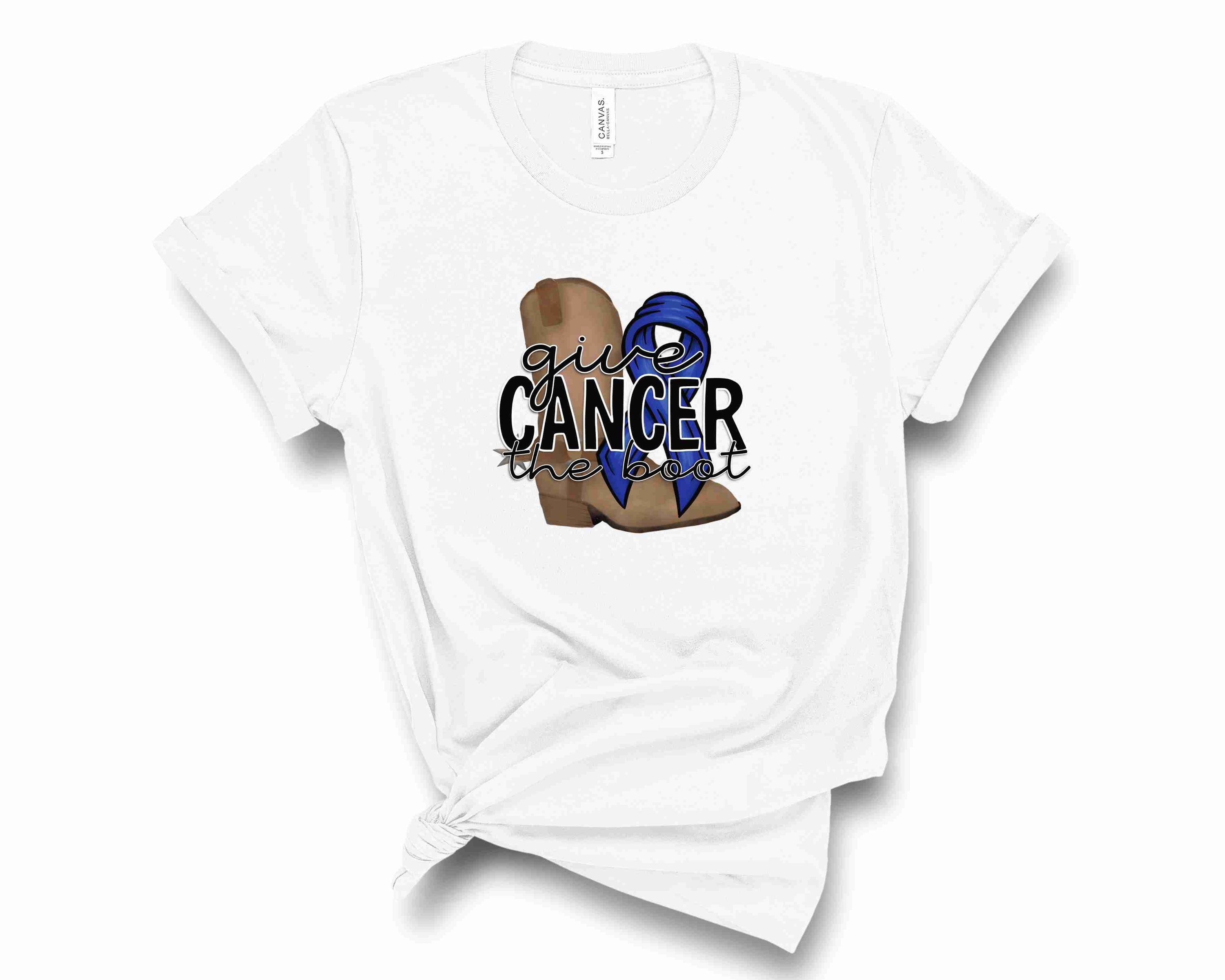 A unisex blue t-shirt featuring a bold graphic of a blue ribbon symbolizing cancer awareness.