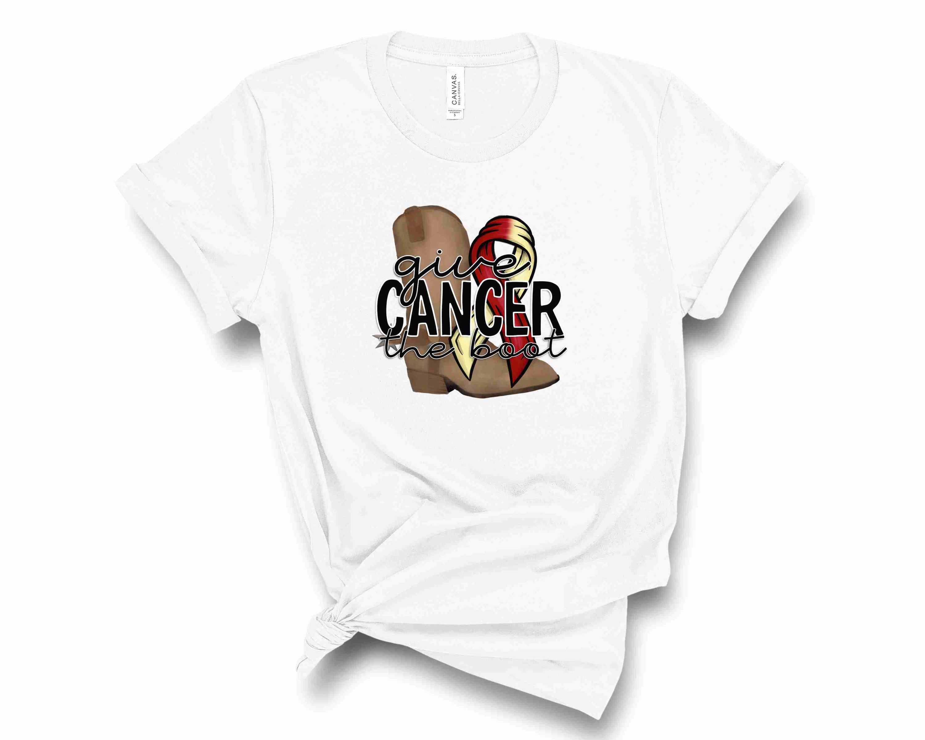 Burgundy and ivory graphic tee featuring a cancer awareness ribbon design, suitable for unisex wear.