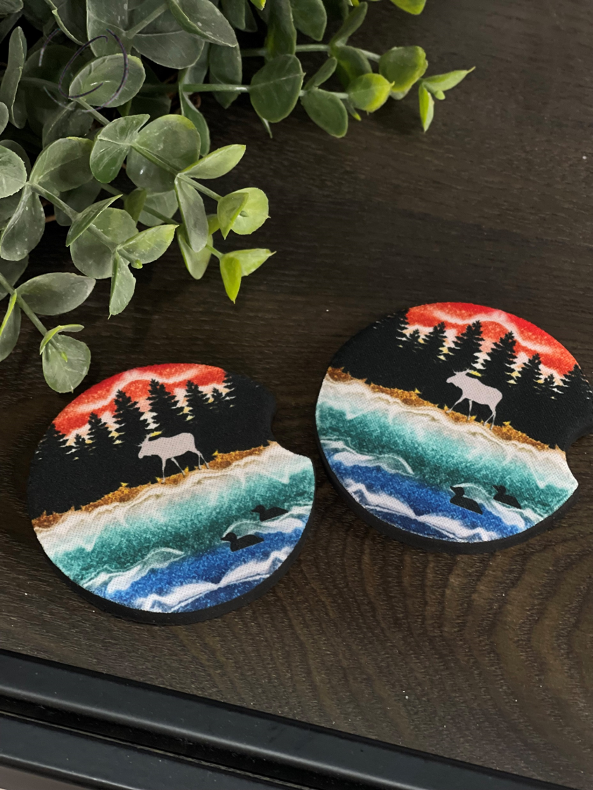 Glitter Moose car coaster set featuring a vibrant moose design, made of durable neoprene material, perfect for car cup holders.