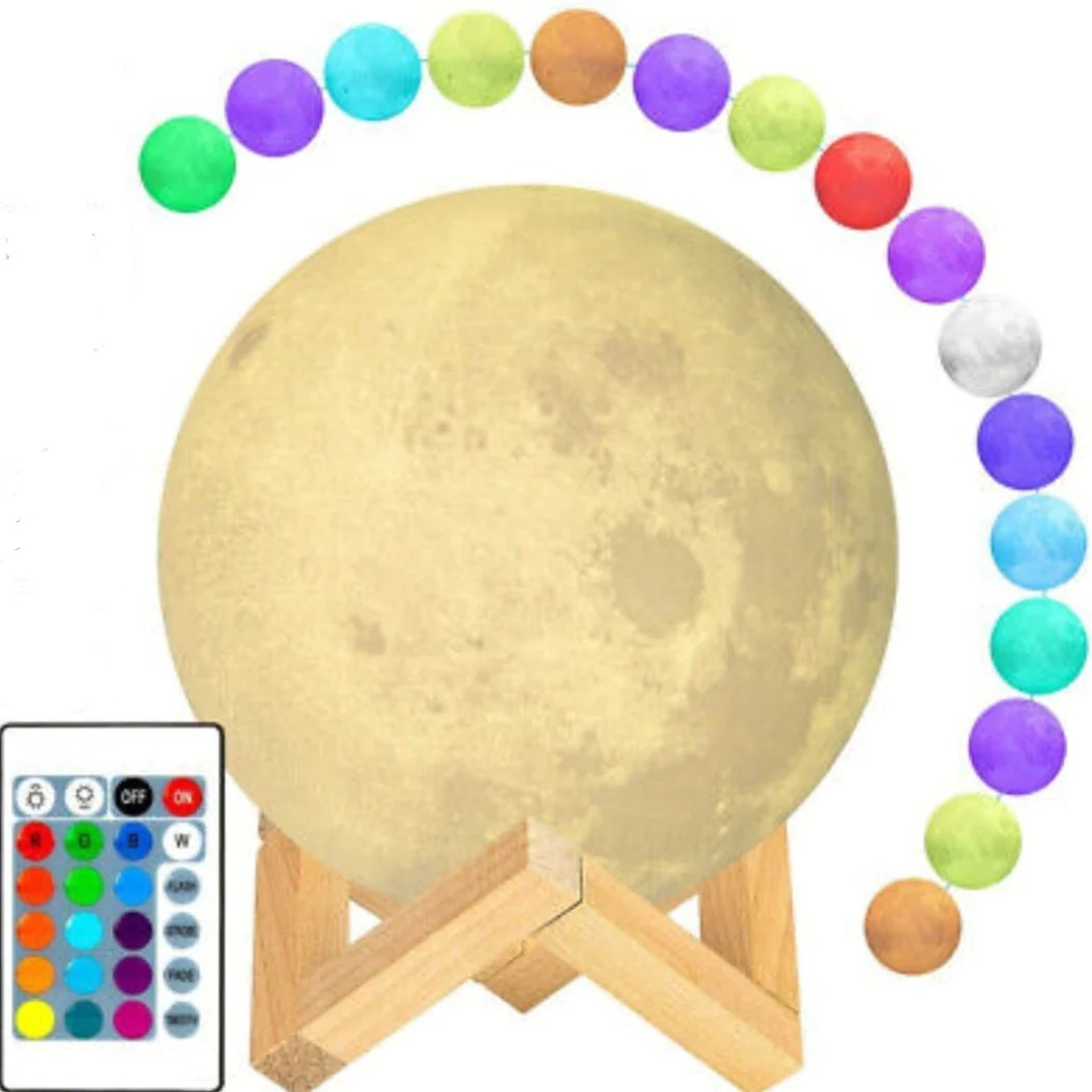 A glowing moon lamp with a wooden stand, showcasing a realistic lunar surface and vibrant colors.