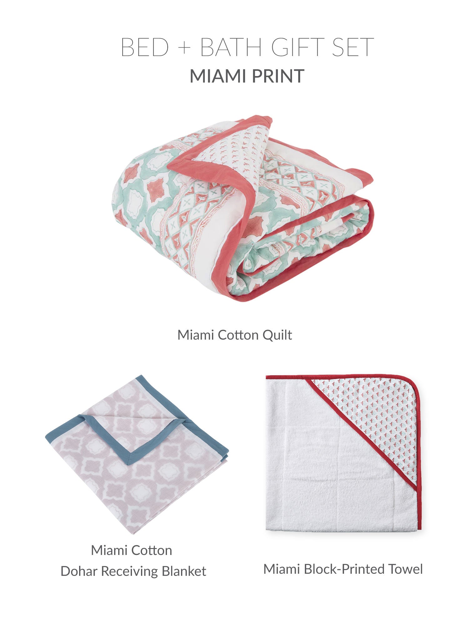 Going Home Newborn Bed + Bath Gift Set featuring a quilt, blanket, towel, and pillow, all made from luxurious cotton voile.