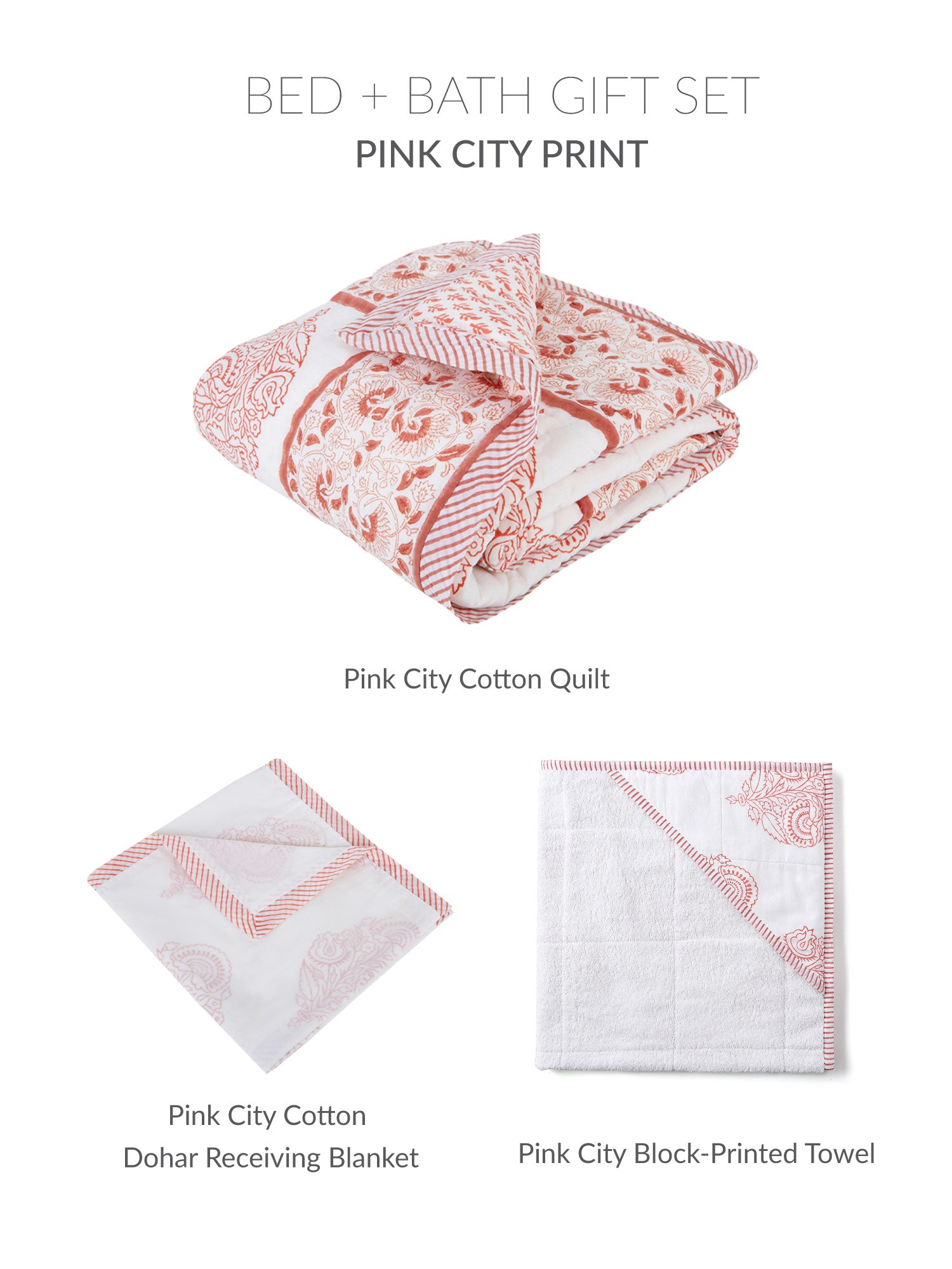 Going Home Newborn Bed + Bath Gift Set featuring a quilt, blanket, towel, and pillow, all made from luxurious cotton voile.