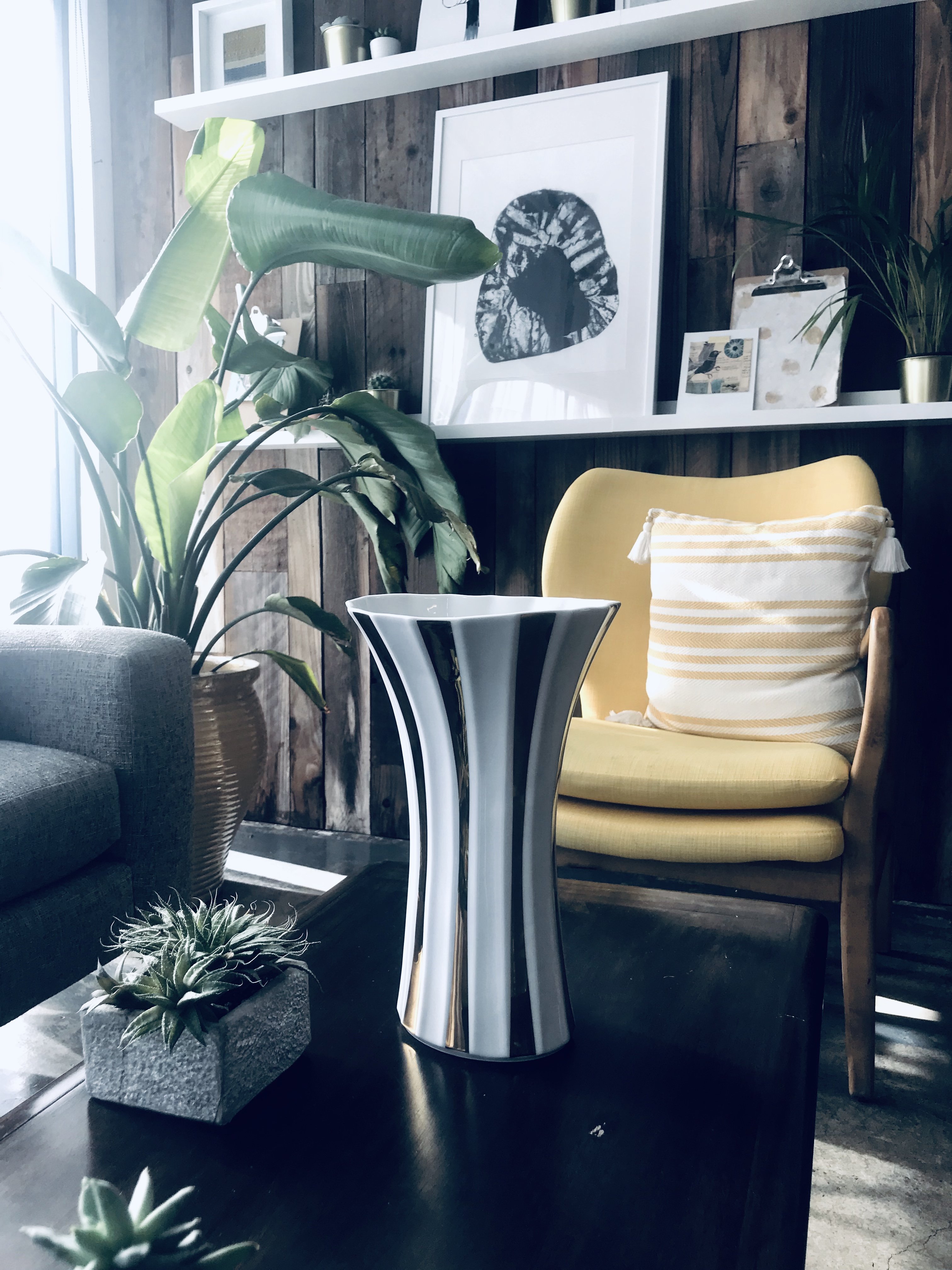 Gold Stripe Retro Style Porcelain Flower Vase, 12 inches tall, featuring a unique design inspired by Cubism and Art Deco, perfect for home decor.