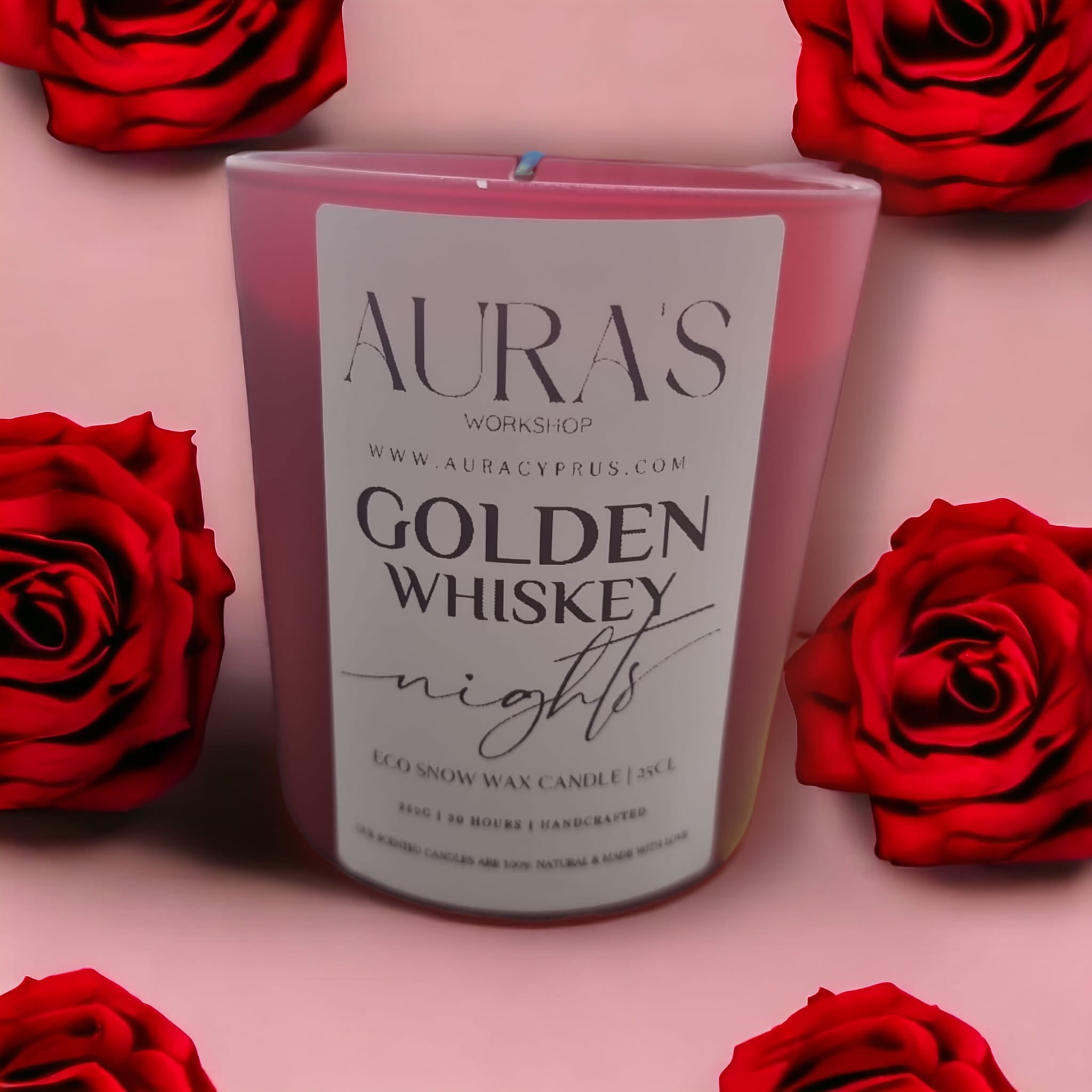 Golden Whiskey Nights Eco Snow Candle in a red matt glass jar, showcasing its elegant design and inviting aroma.