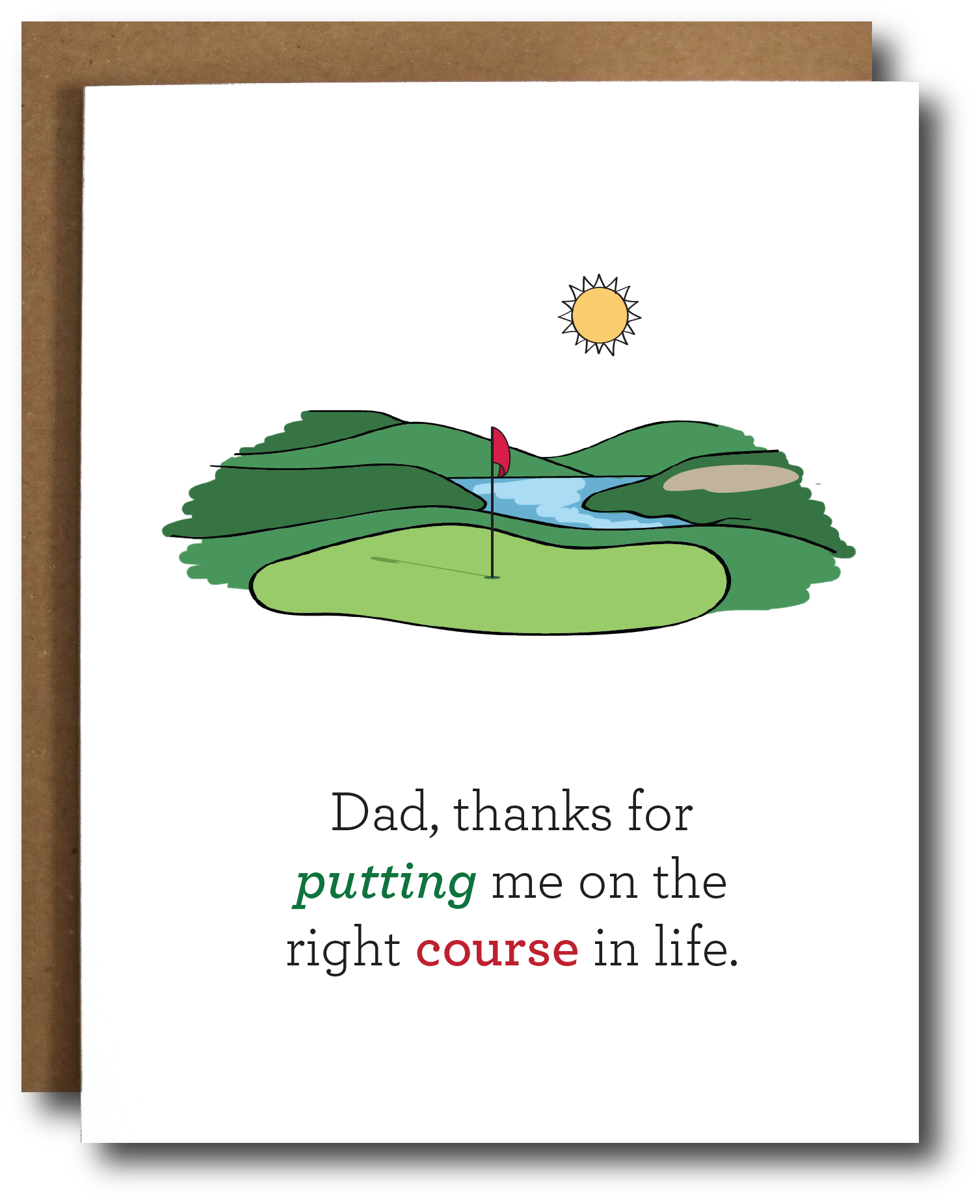 A colorful Father's Day card featuring golf-themed graphics, with a heartfelt message for dads who love golf, displayed with a kraft paper envelope.