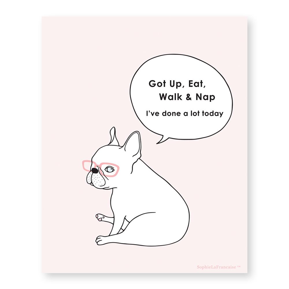 Got Up French Bulldog Art Print featuring a whimsical illustration of a French Bulldog, part of the 'Sophie La Francaise' collection.