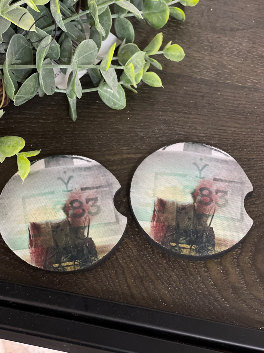 Great Plains 1883 Car Coaster Set featuring durable neoprene material with a unique design, perfect for car cup holders.