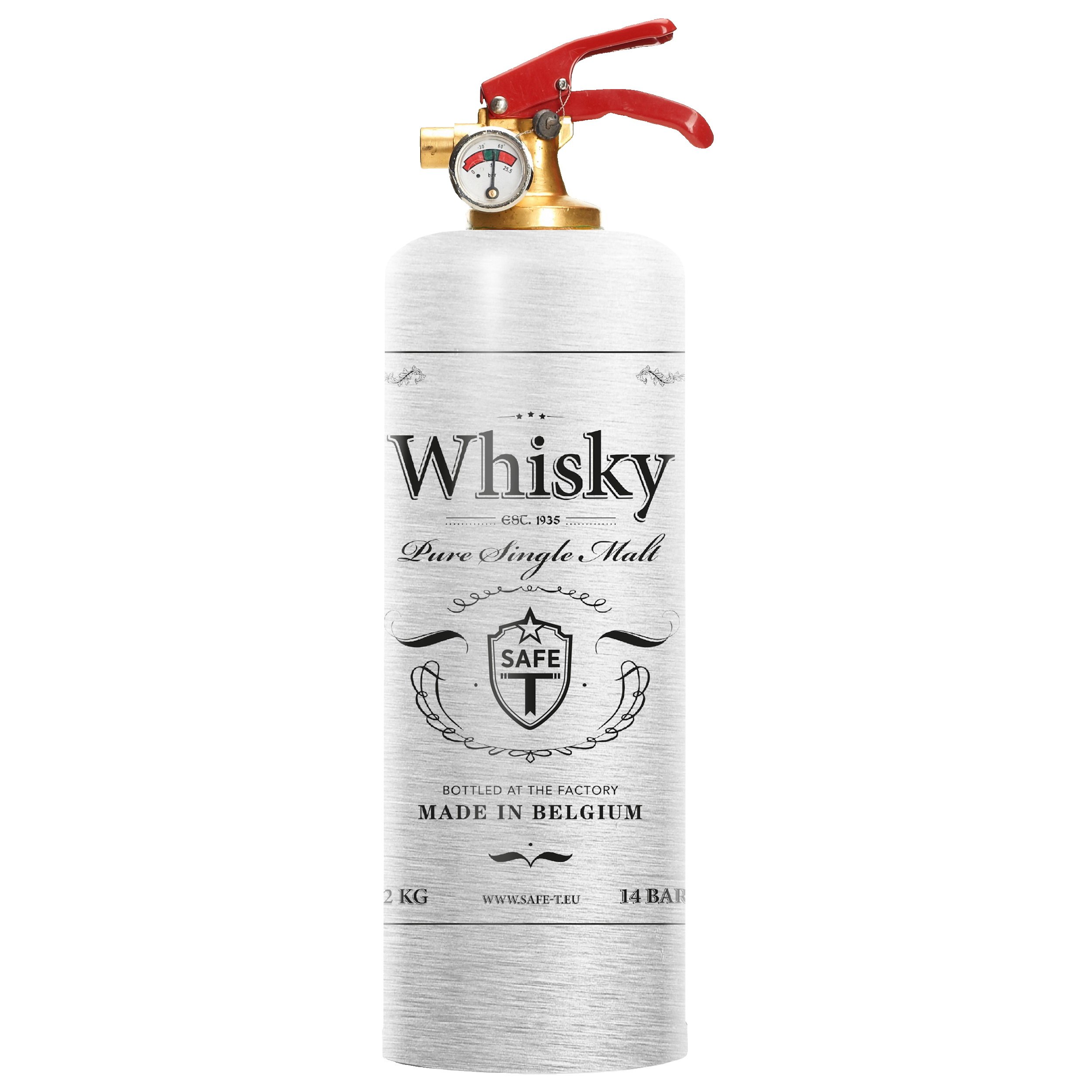Safe-T Grey Whisky fire extinguisher with elegant design, showcasing steel and brass materials.