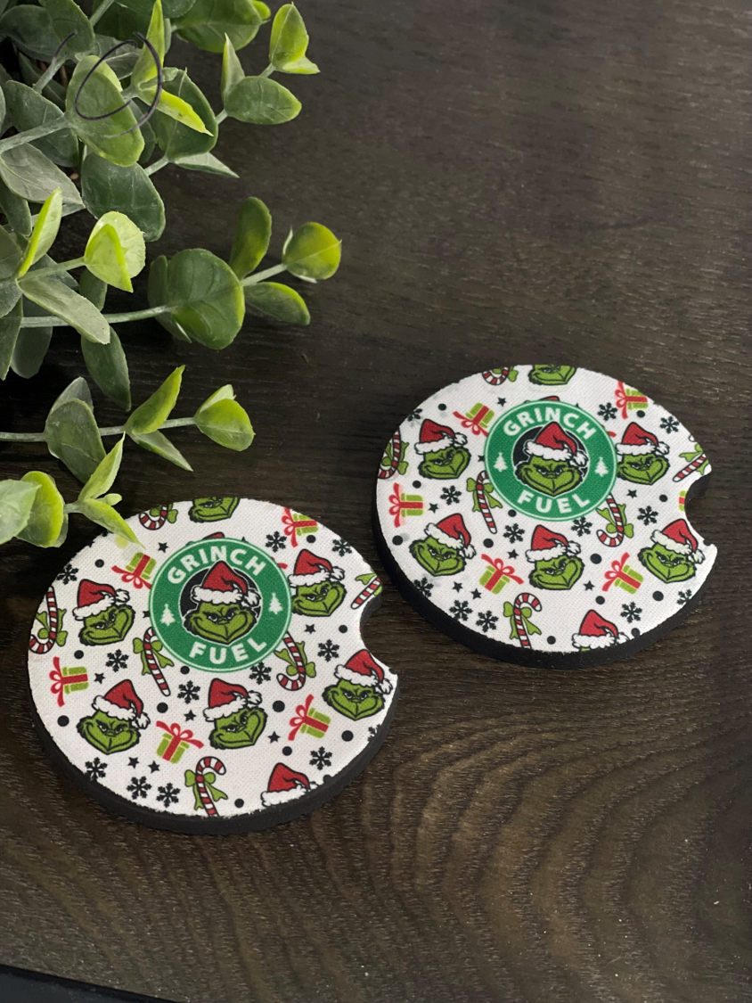 Grinch Fuel Car Coaster Set featuring a vibrant design, made of durable neoprene, perfect for cup holders.