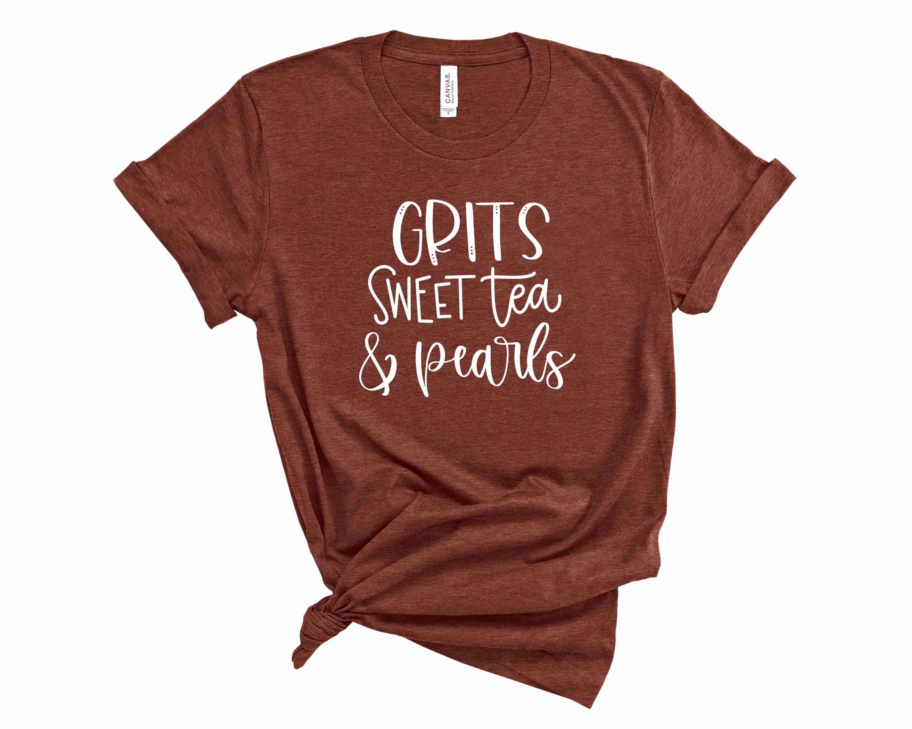 Grits Sweet Tea and Pearls graphic tee featuring a stylish Southern design on a unisex t-shirt.