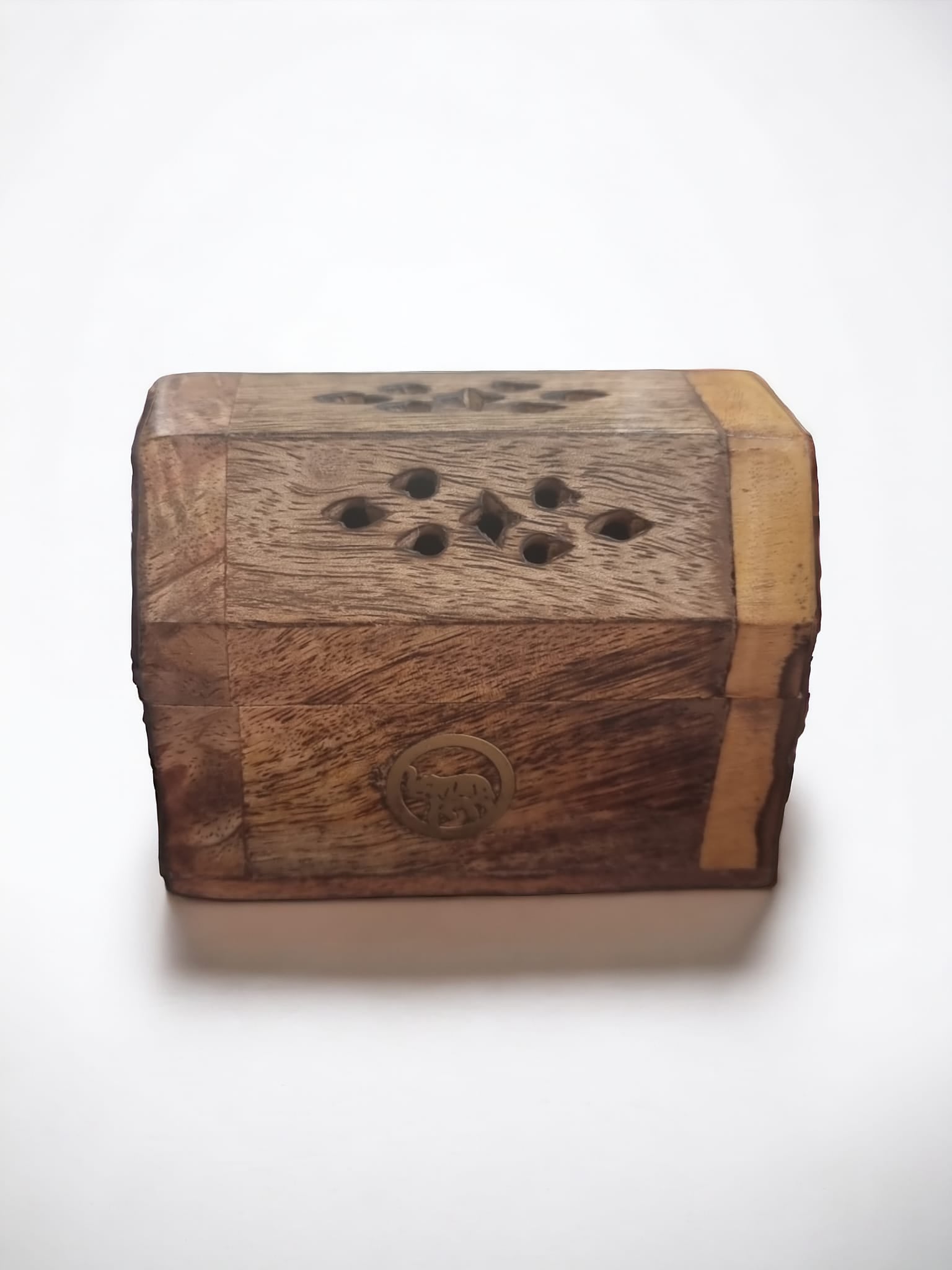 Handmade Wooden Chest Backflow Incense Burner with intricate design, showcasing cascading smoke effect.