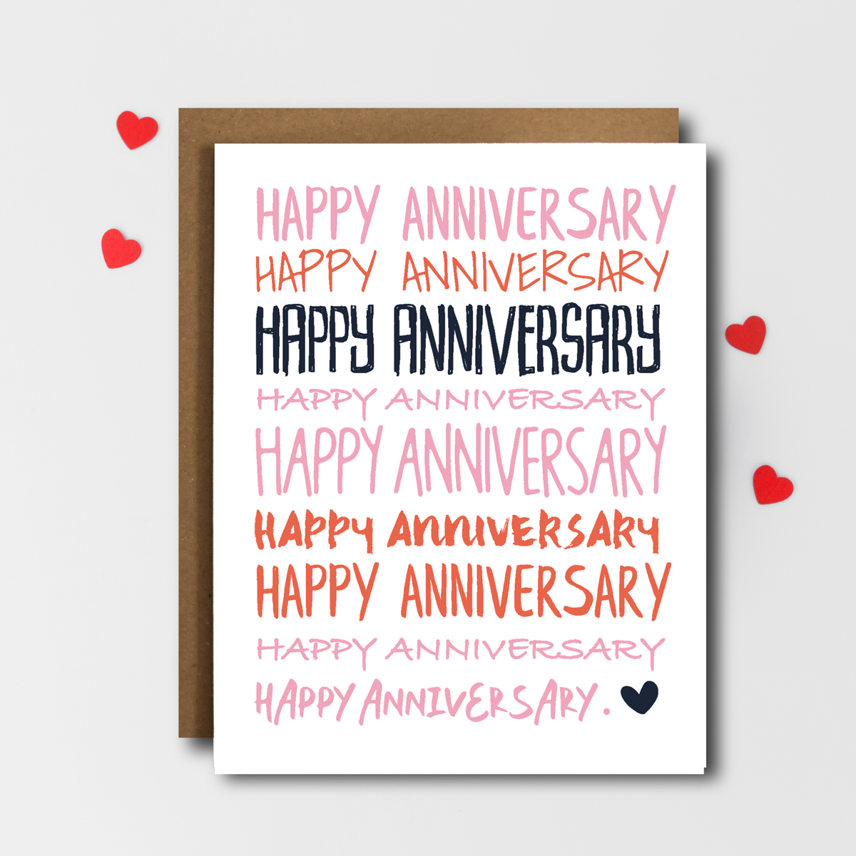 Happy Anniversary Card featuring a cute design, blank inside, with a kraft paper envelope.