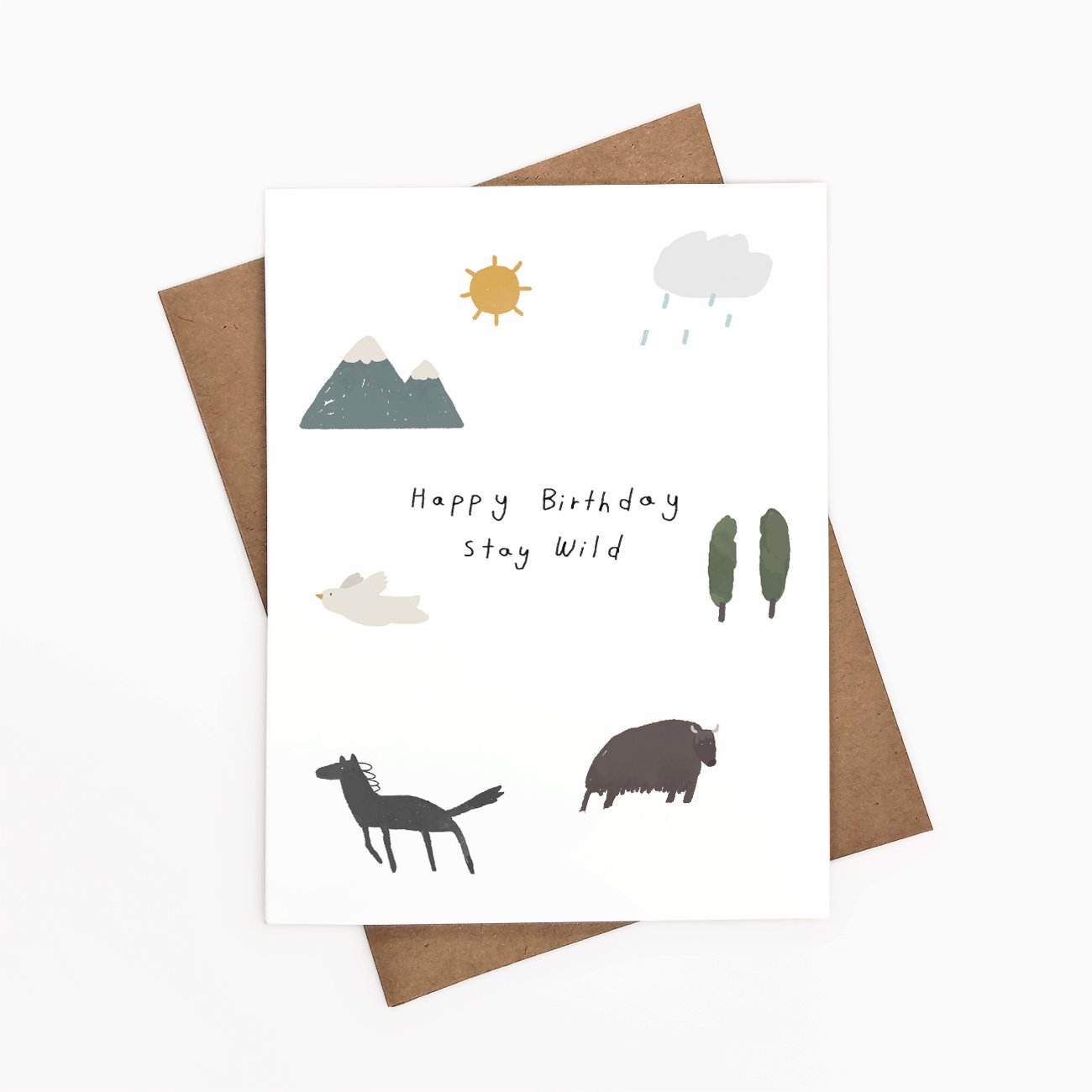 Happy Birthday Stay Wild card featuring a vibrant design, printed on recycled paper, with a kraft envelope and clear sleeve.