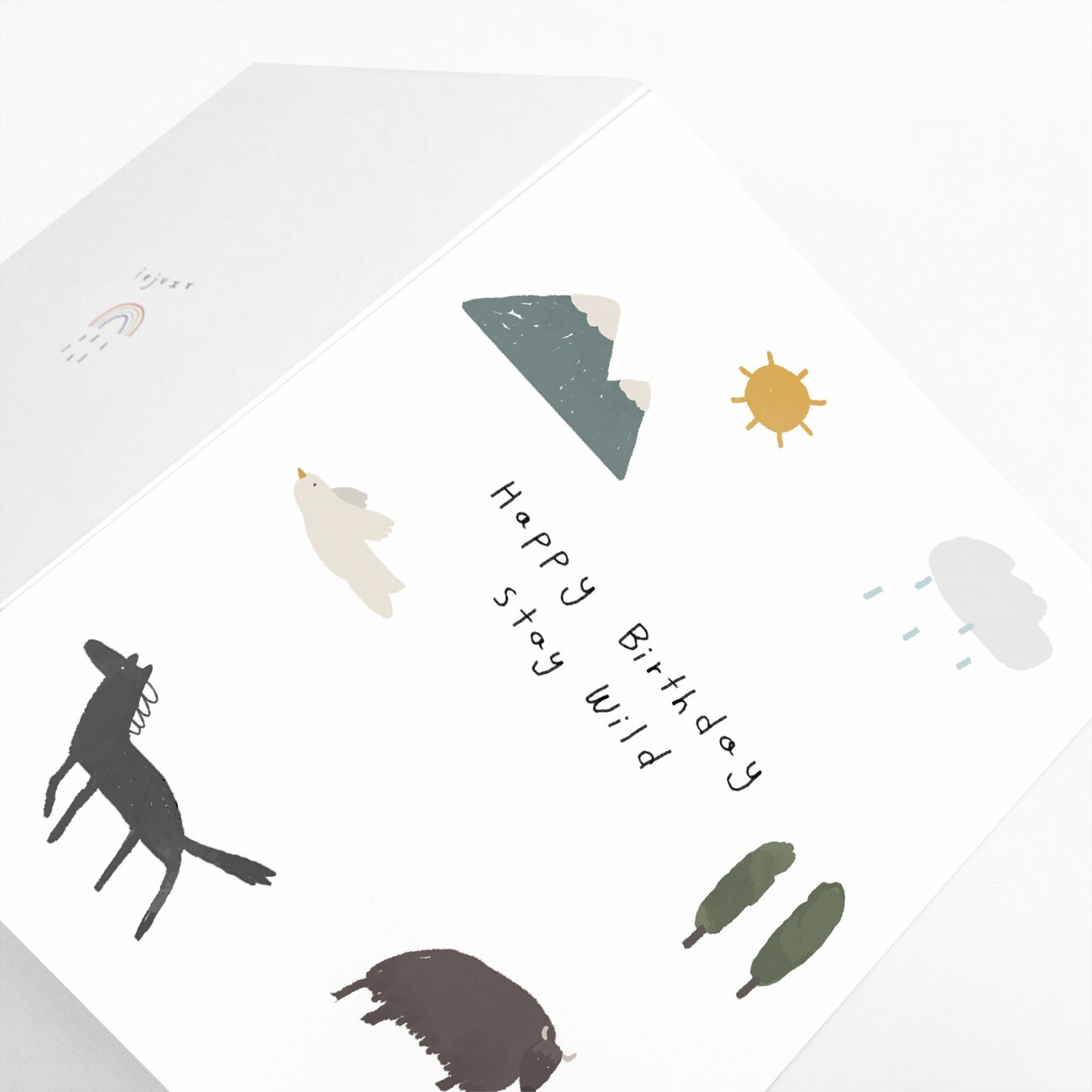 Happy Birthday Stay Wild card featuring a vibrant design, printed on recycled paper, with a kraft envelope and clear sleeve.