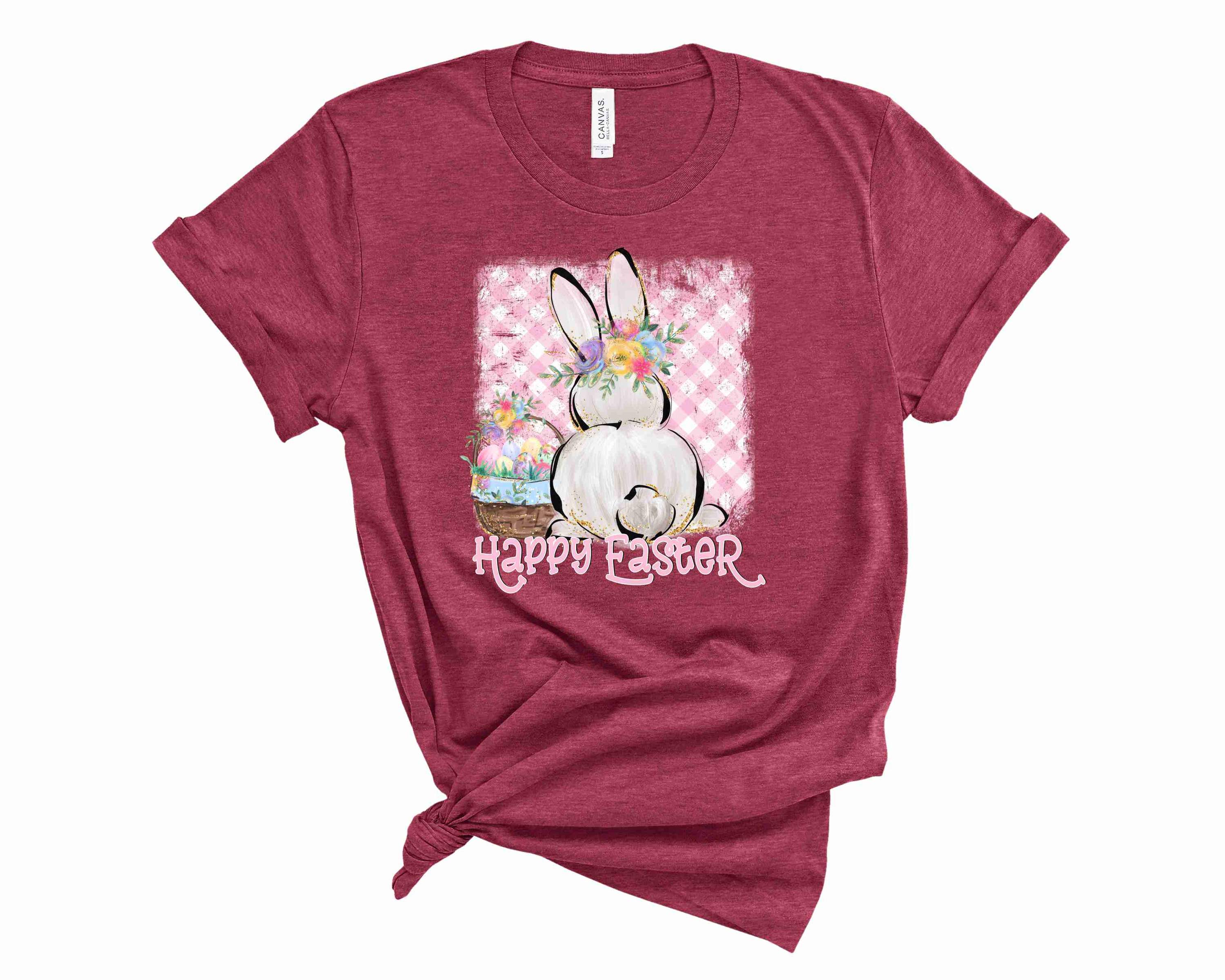Happy Easter Bunny graphic tee featuring a cheerful bunny design on a soft unisex t-shirt.