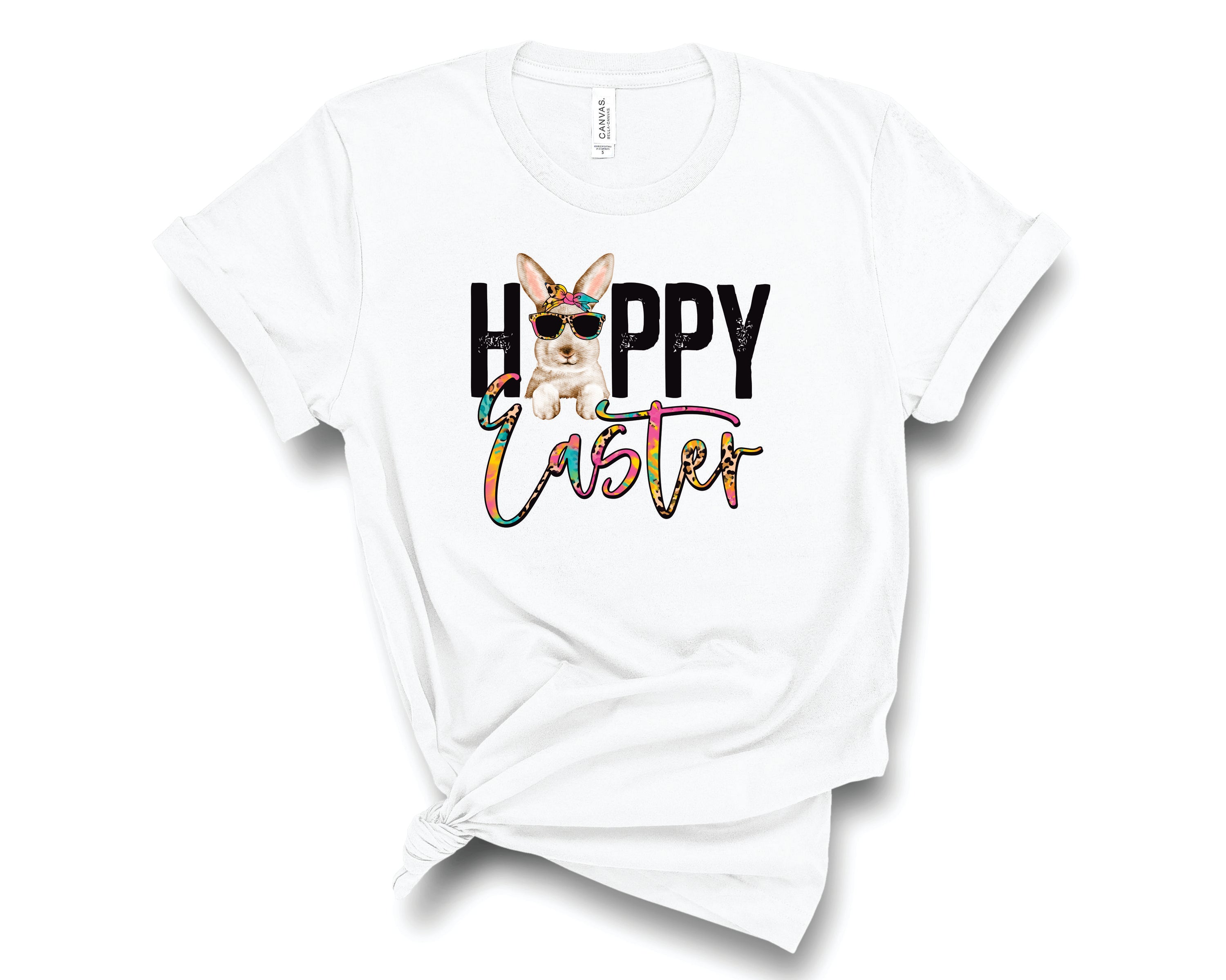 Happy Easter Bunny Tie Dye Leopard Graphic Tee featuring vibrant colors and a playful bunny design, suitable for unisex wear.