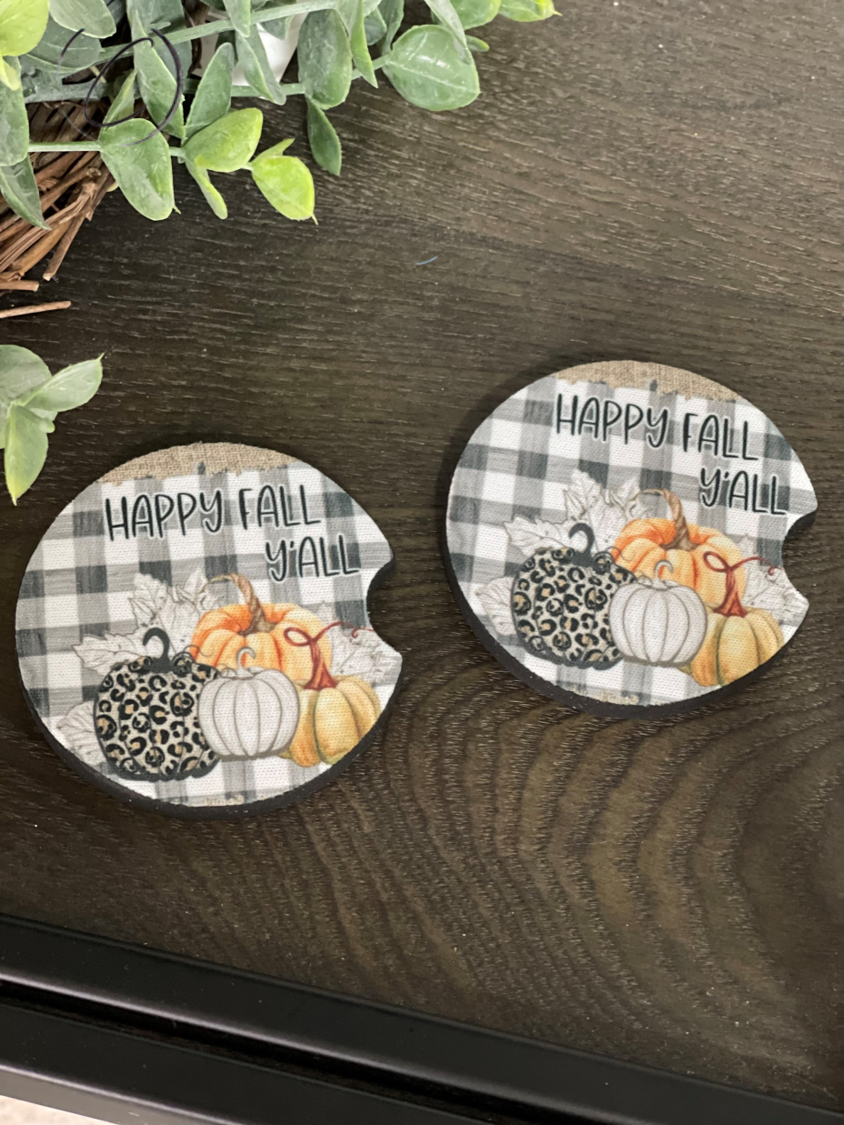 Happy Fall Y'all neoprene car coaster set featuring autumn-themed design, perfect for enhancing car decor.