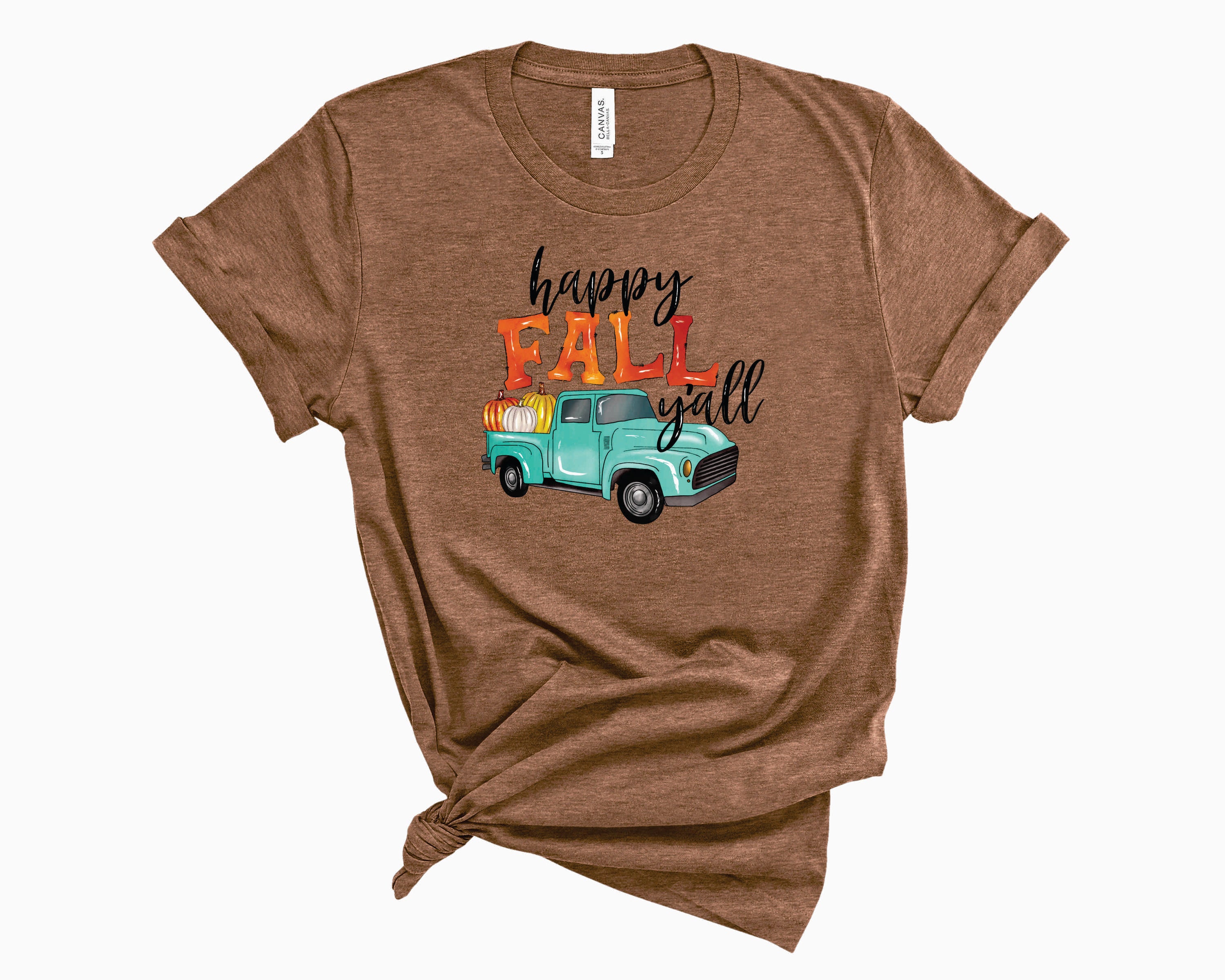 Happy Fall Ya'll Truck graphic tee featuring a colorful autumn design with pumpkins and leaves.