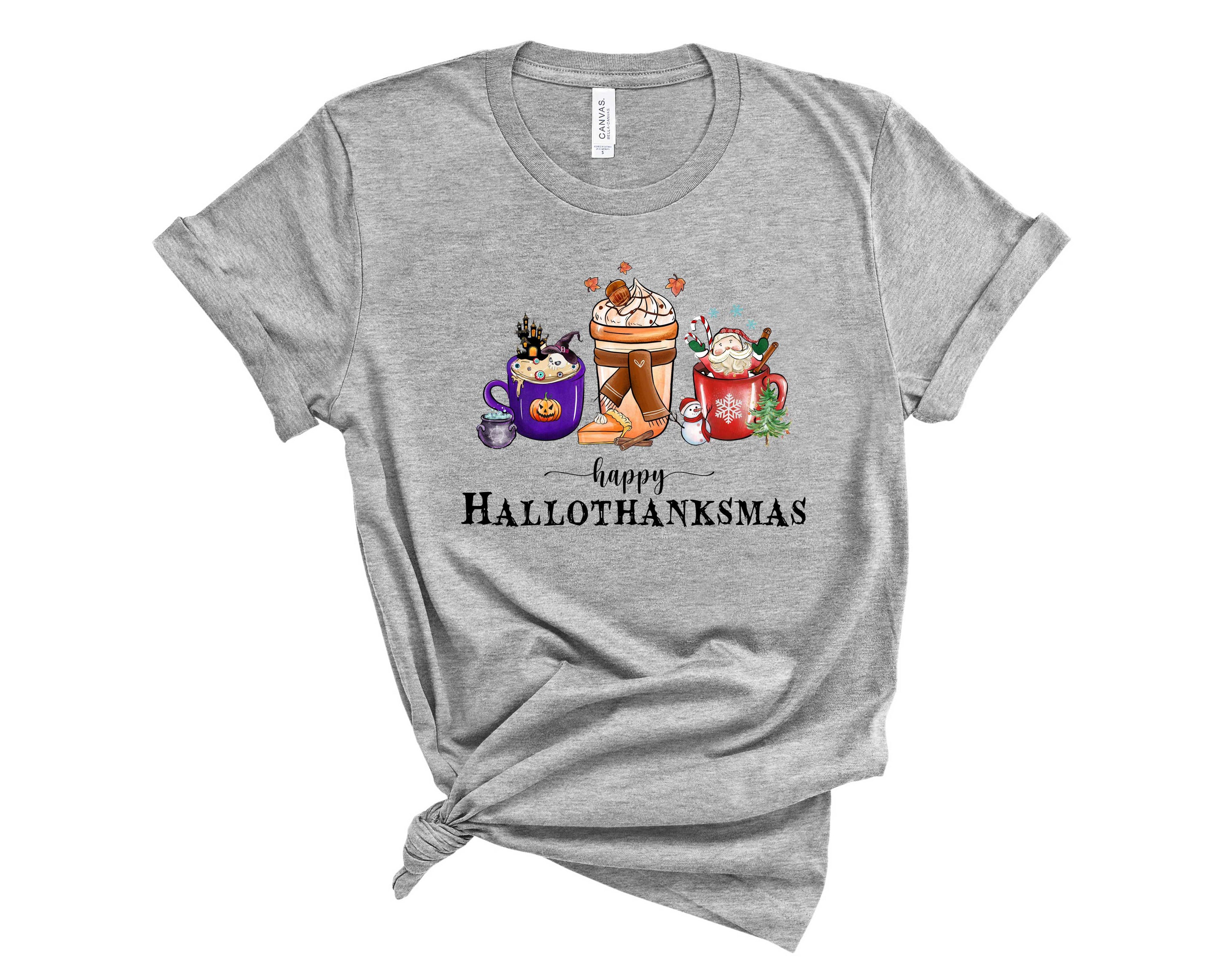 Happy Hallothanksmas Coffee Graphic Tee featuring a festive design for the holiday season.