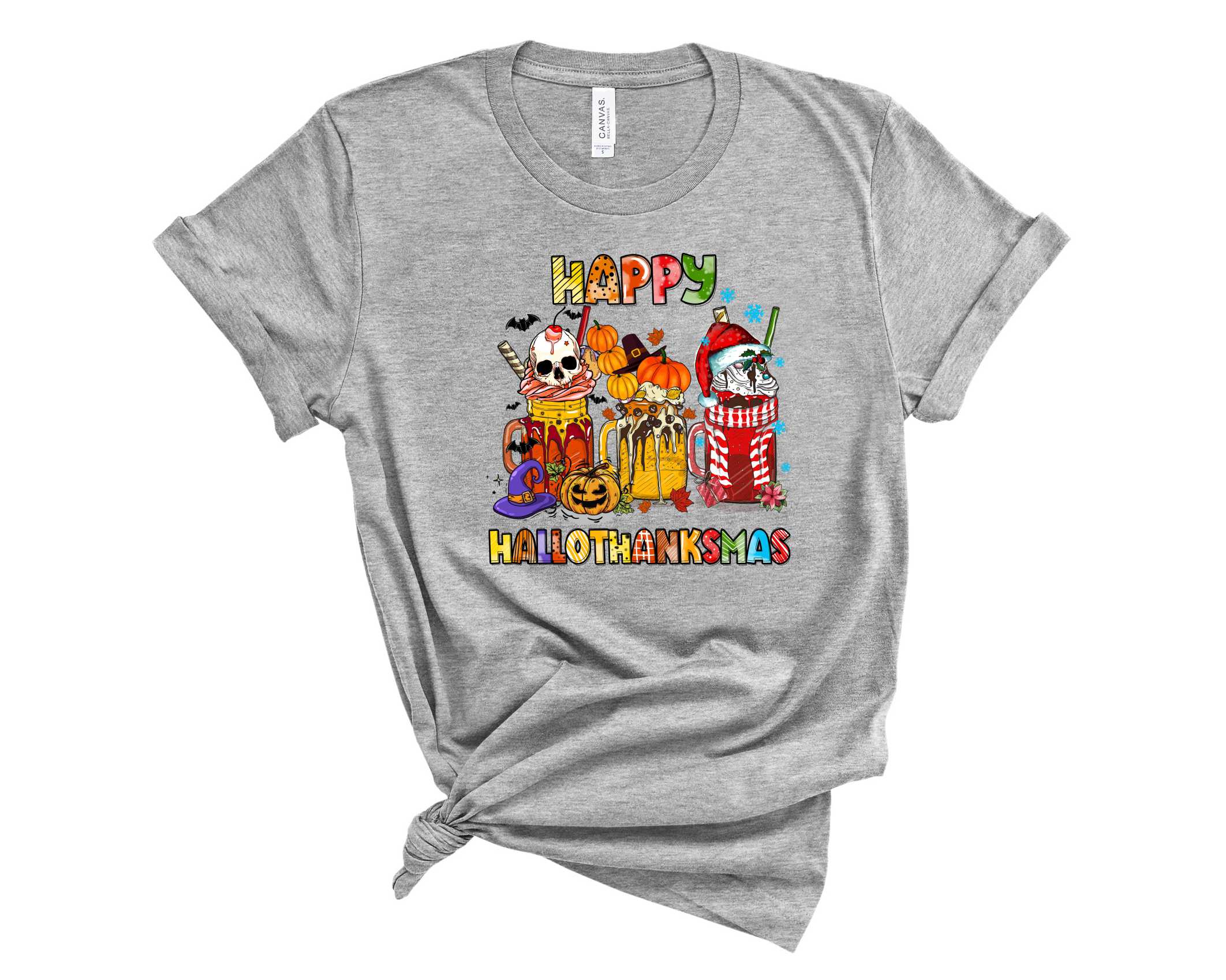 Happy Hallothanksmas Milkshake graphic tee featuring a colorful design celebrating Halloween, Thanksgiving, and Christmas.