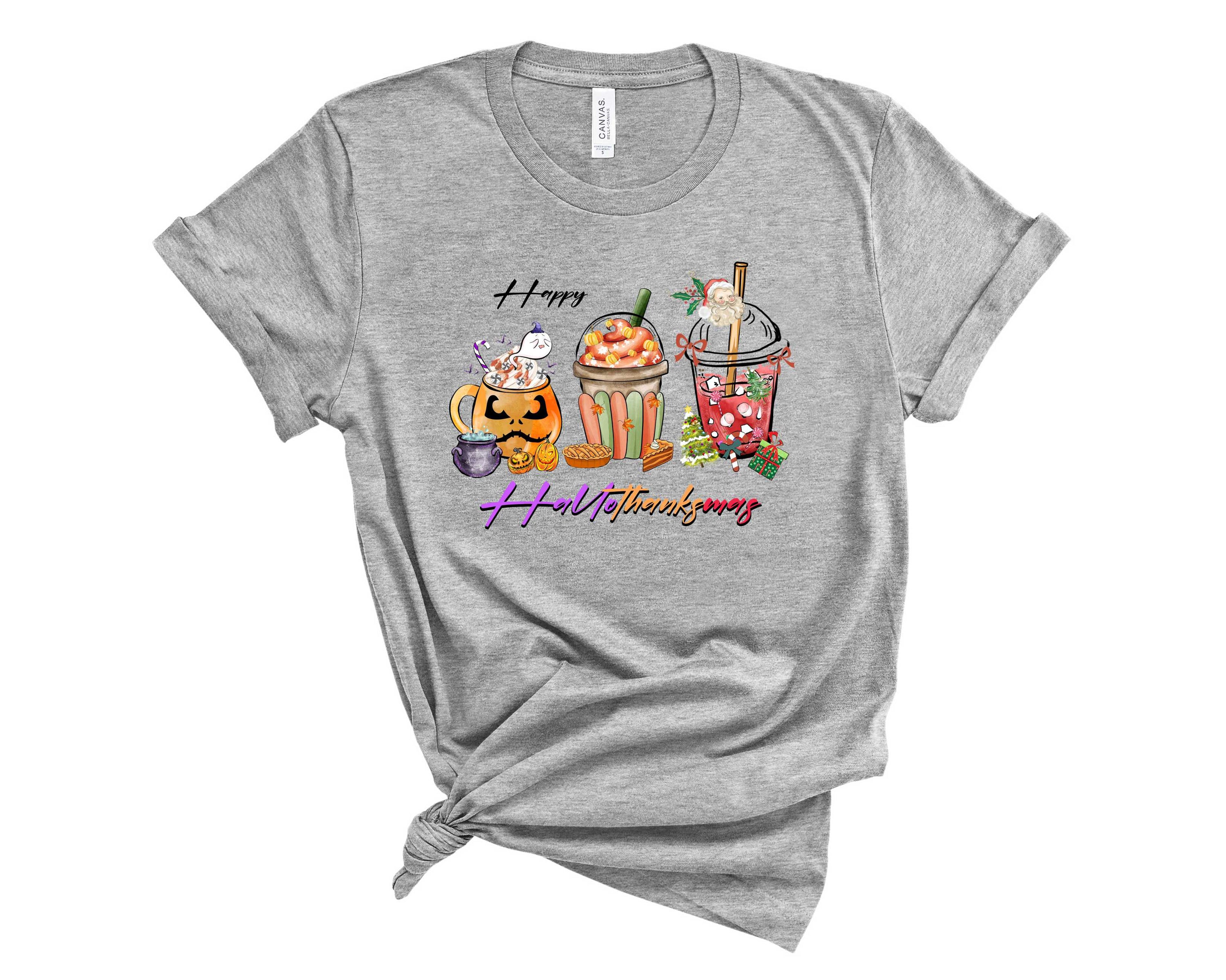 Happy Hallothanksmas Pumpkin Brew Graphic Tee featuring a festive pumpkin design, perfect for holiday celebrations.