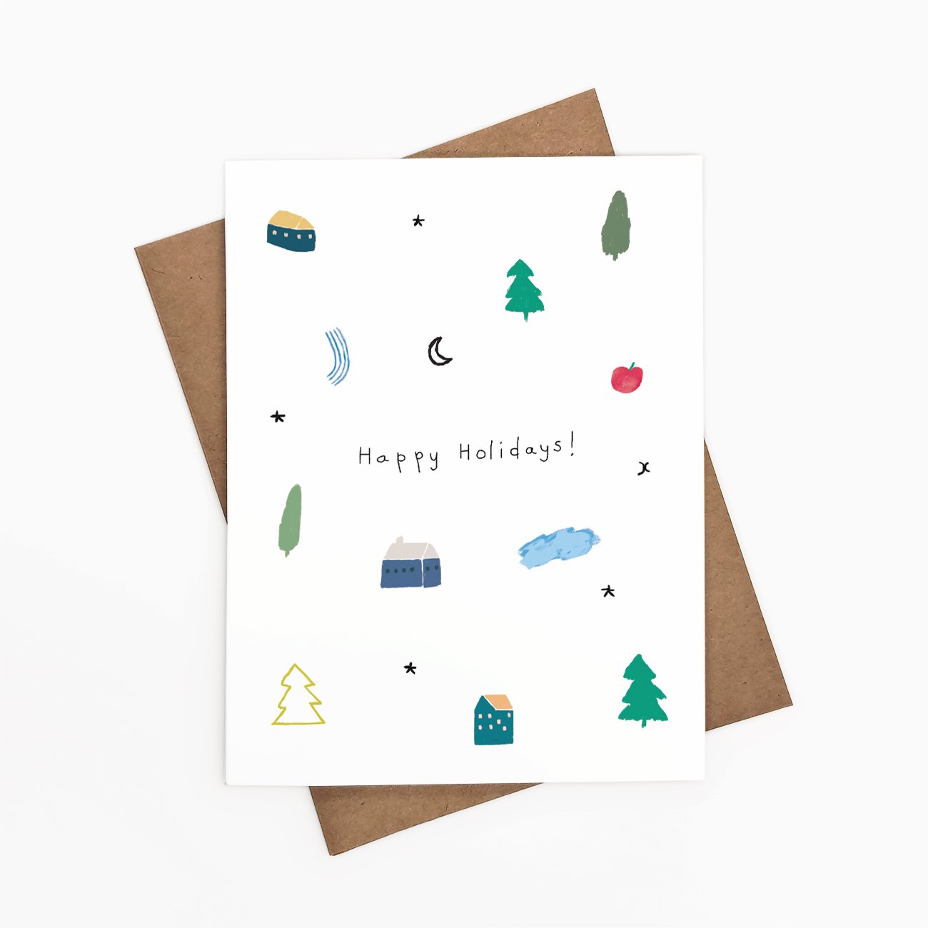 Happy Holidays card featuring festive design, blank inside, made from recycled paper, with Kraft envelope.