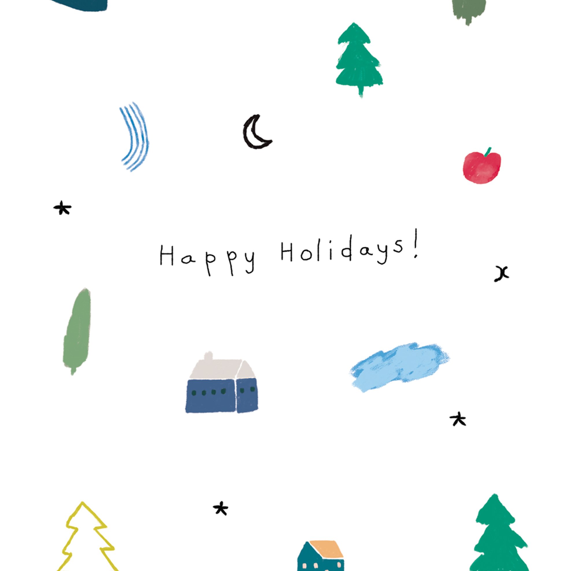 Happy Holidays card featuring festive design, blank inside, made from recycled paper, with Kraft envelope.