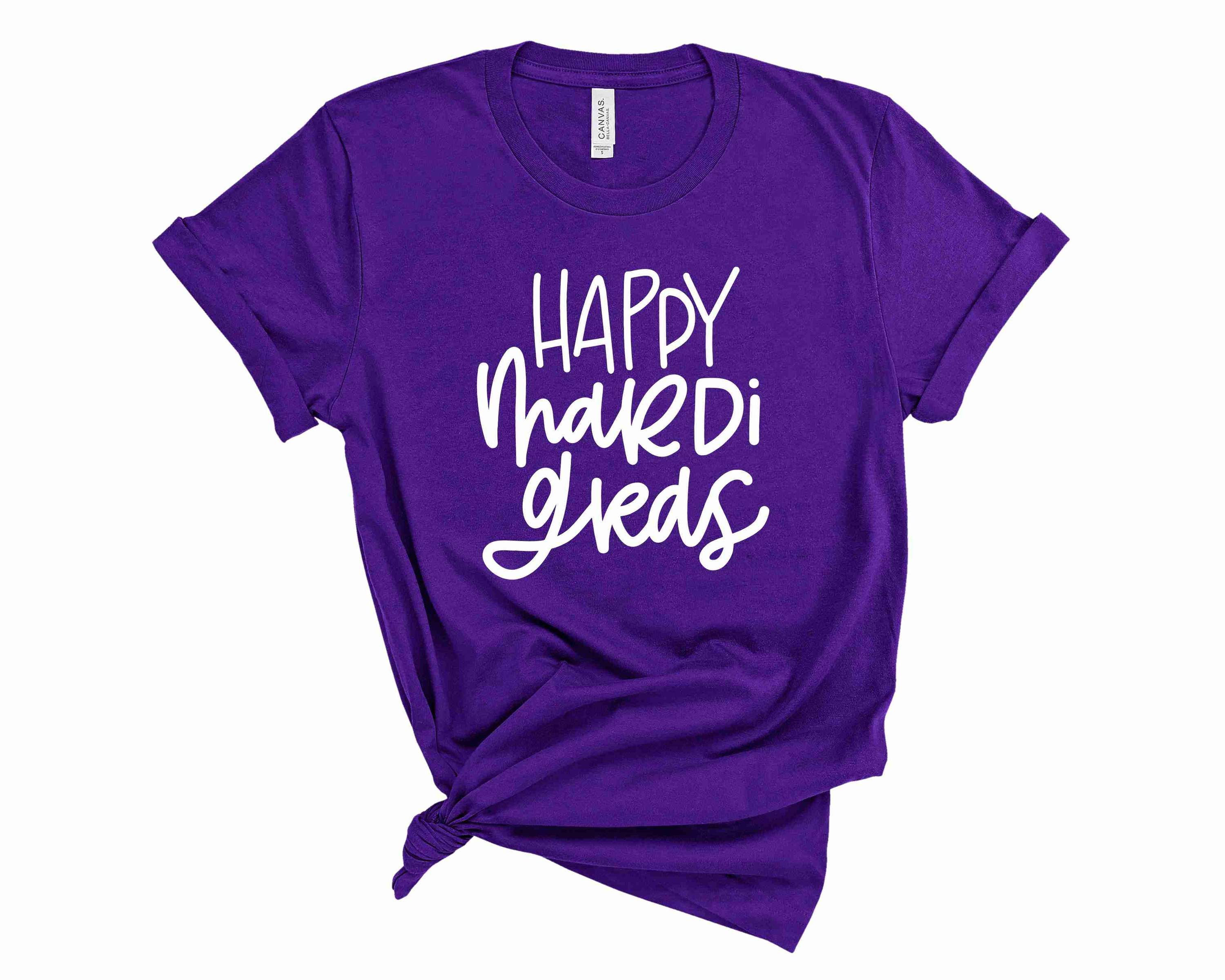 Happy Mardi Gras Graphic Tee featuring vibrant colors and festive designs, perfect for celebrating Mardi Gras.