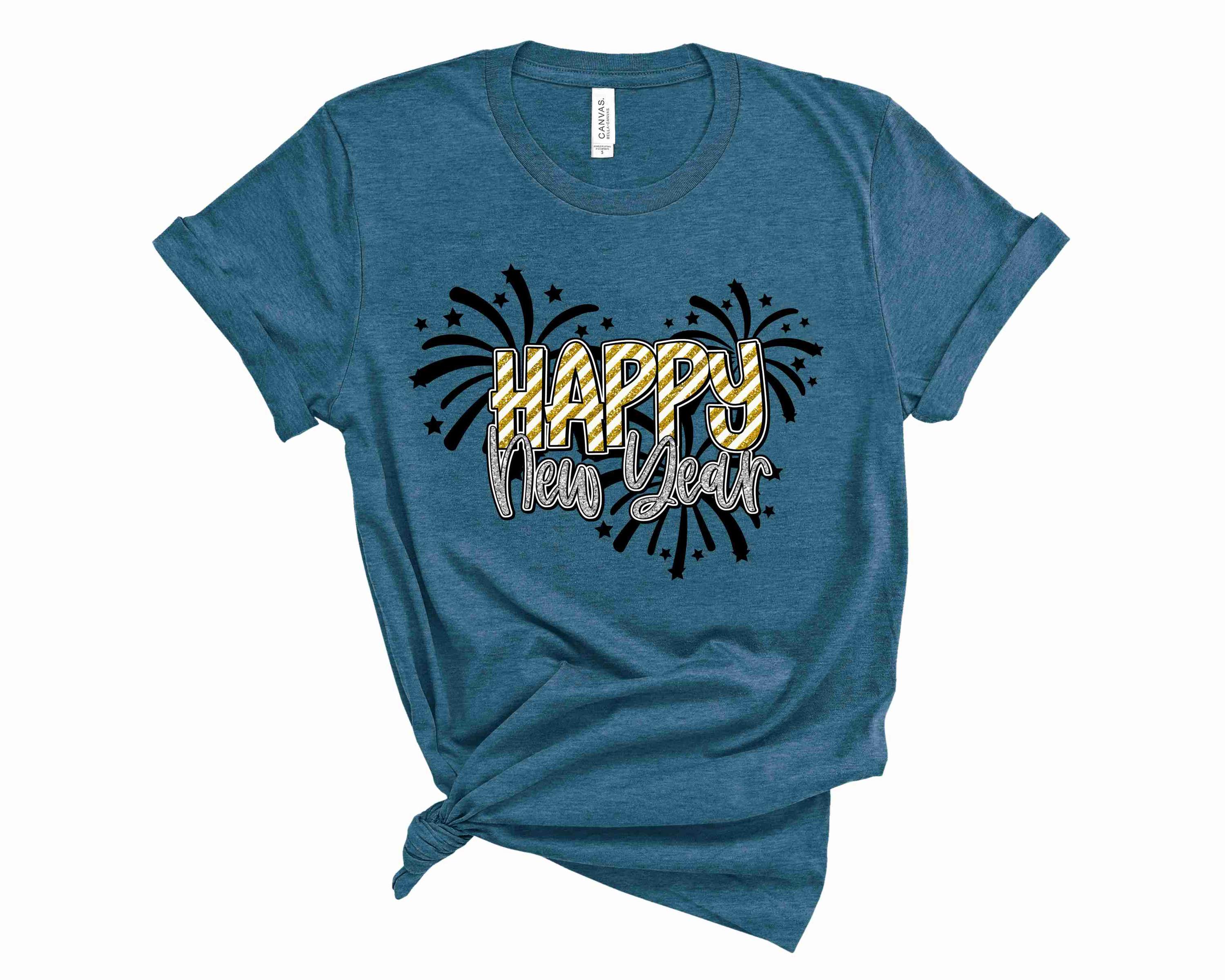 A vibrant unisex t-shirt featuring a colorful fireworks graphic, perfect for New Year celebrations.