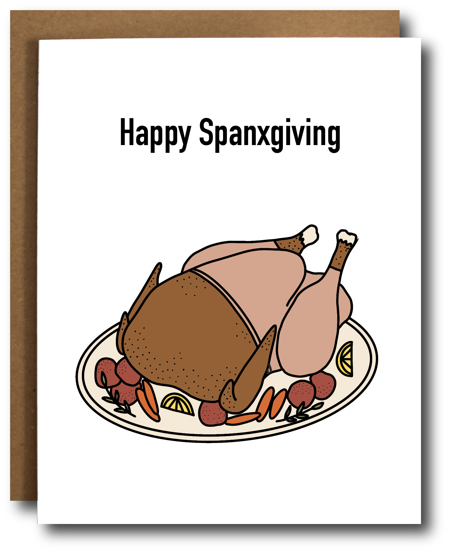 Happy Spanxgiving Card featuring a leafy design, accompanied by a brown recycled kraft envelope and an open tab sleeve.