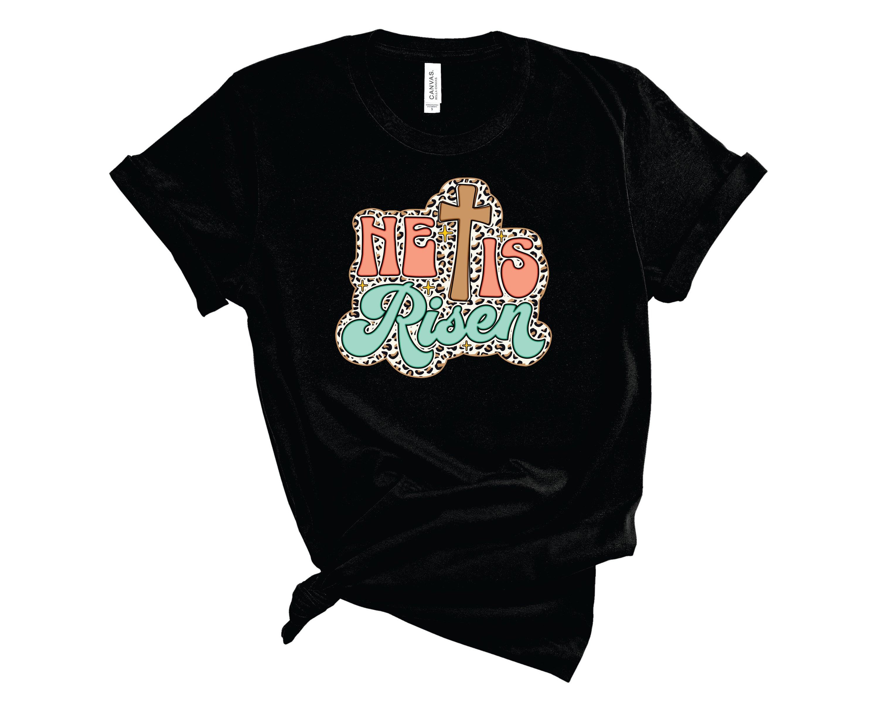 He Is Risen Retro Leopard Peach Mint Graphic Tee featuring a stylish leopard print design in peach and mint colors.