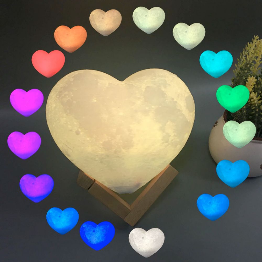 Heart Shape Moon Glowing LED Lamp with remote control and wooden holder, showcasing its vibrant colors and elegant design.