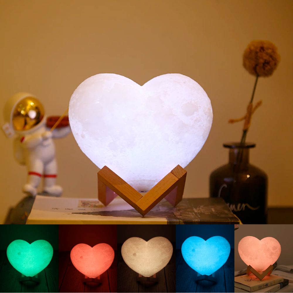 Heart Shape Moon Glowing LED Lamp with remote control and wooden holder, showcasing its vibrant colors and elegant design.