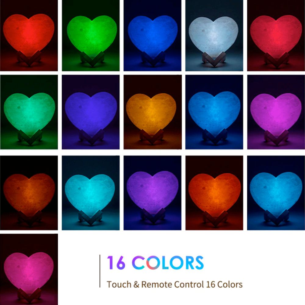 Heart Shape Moon Glowing LED Lamp with remote control and wooden holder, showcasing its vibrant colors and elegant design.