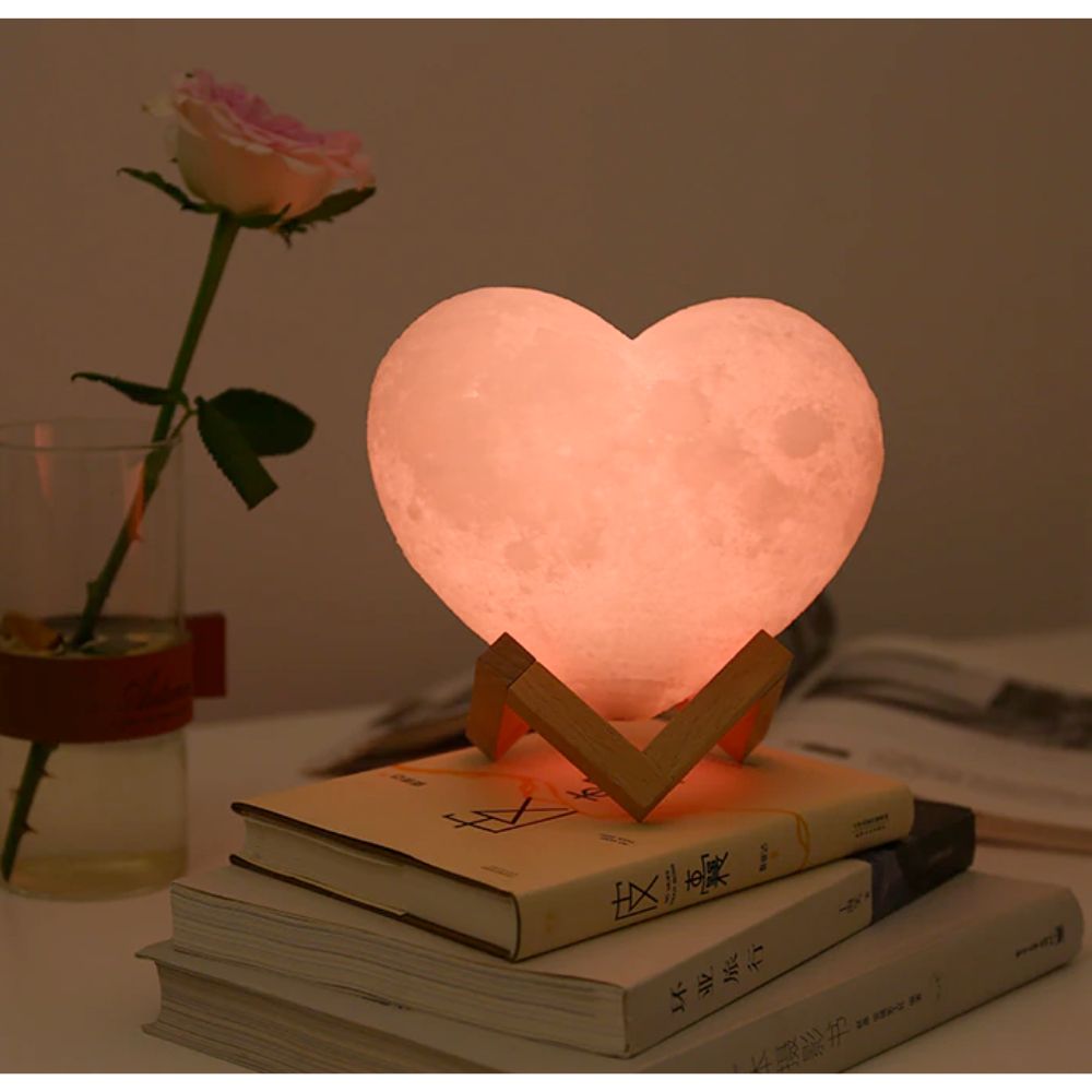 Heart Shape Moon Glowing LED Lamp with remote control and wooden holder, showcasing its vibrant colors and elegant design.