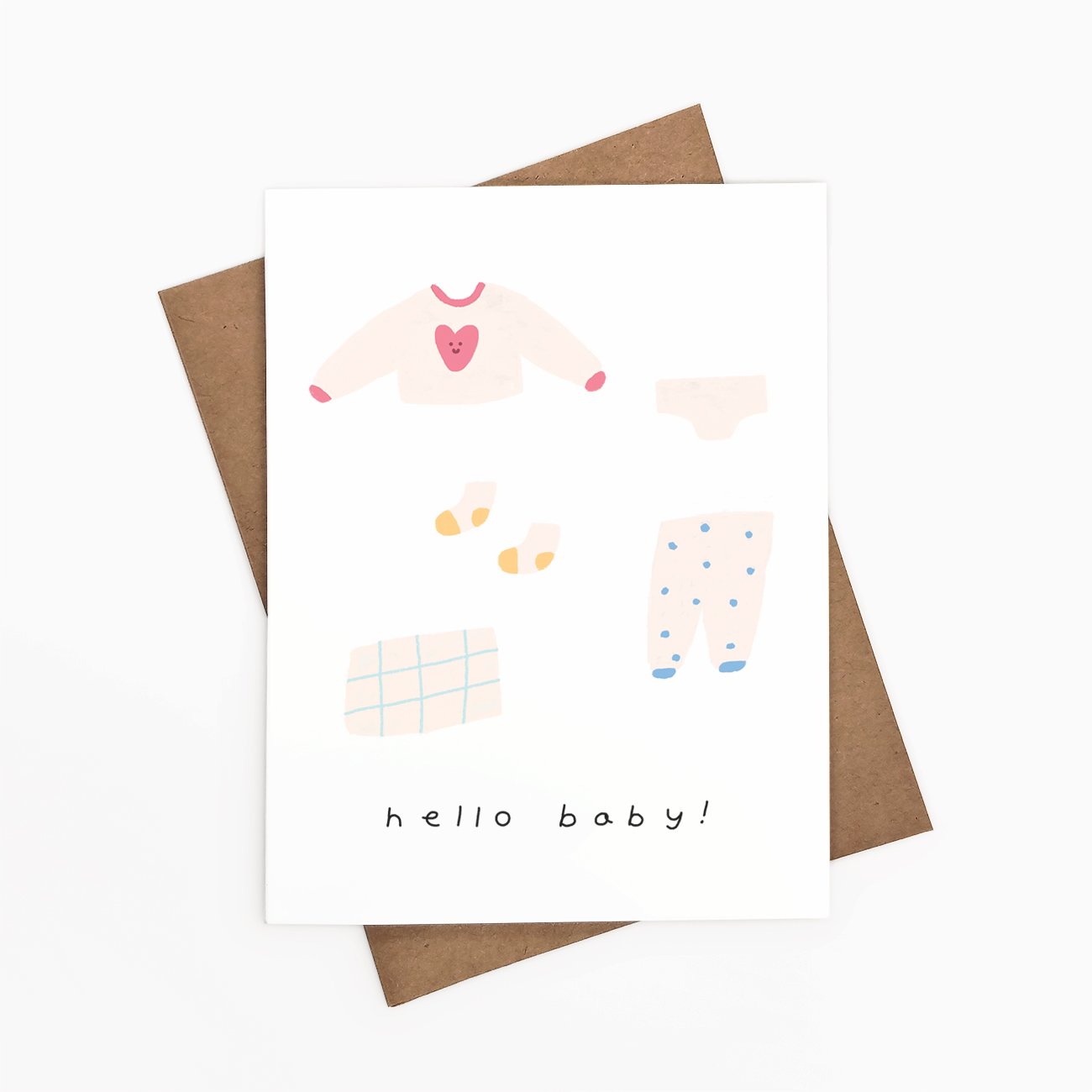 Hello Baby! greeting card featuring a blank interior, eco-friendly design, and Kraft envelope.