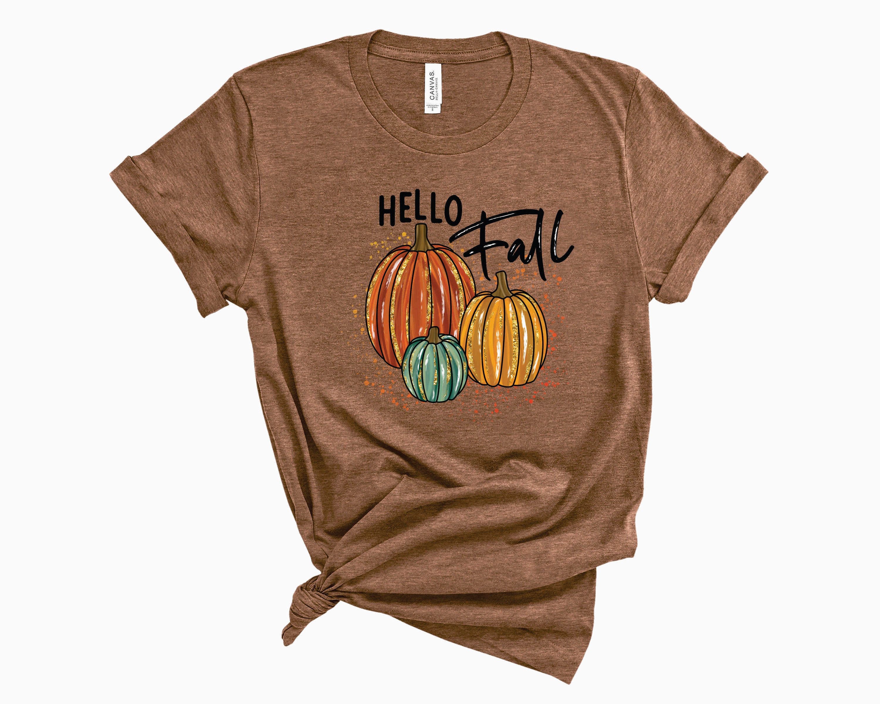 Hello Fall Pumpkins graphic tee featuring a vibrant pumpkin design on a soft unisex t-shirt.