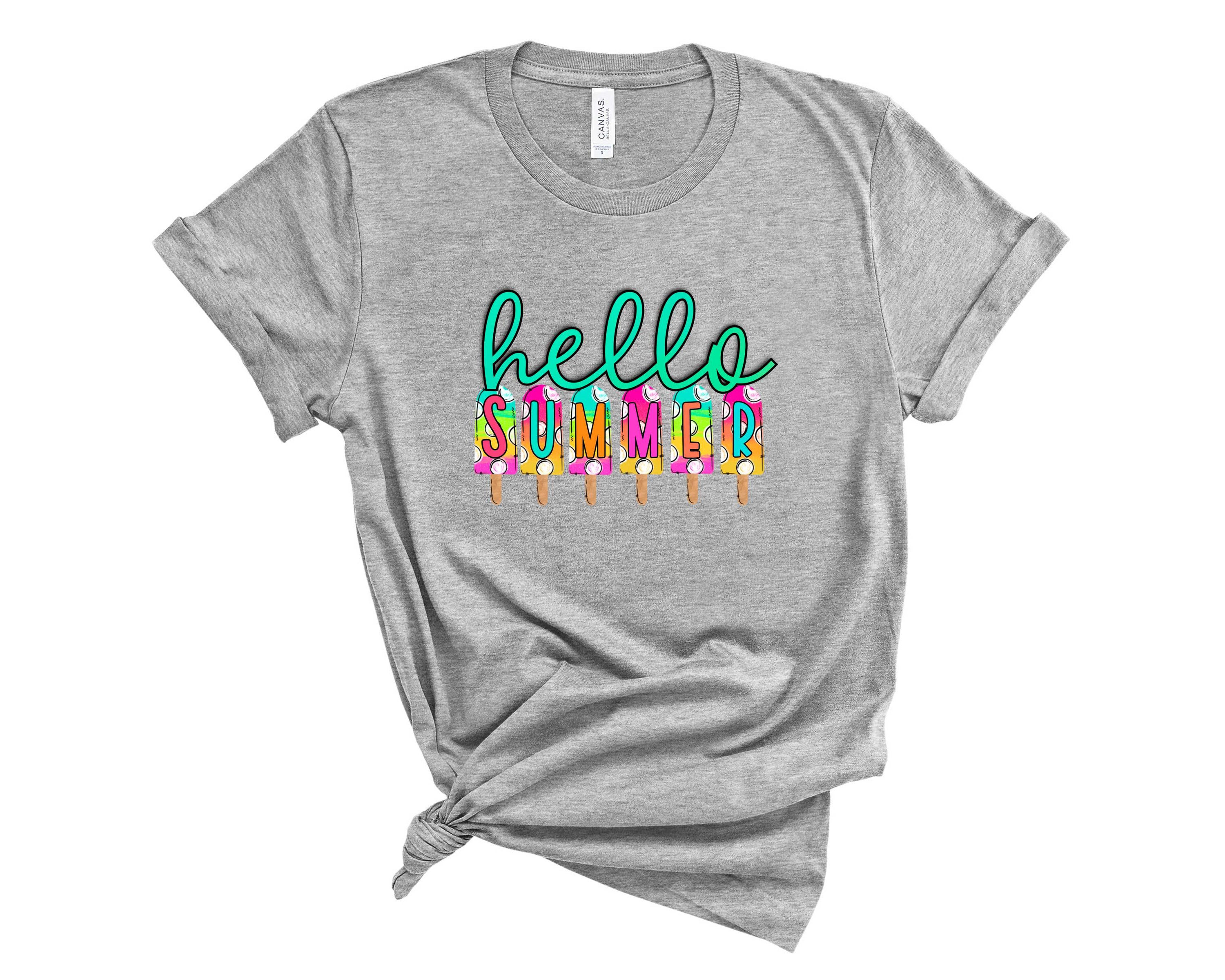 Hello Summer graphic tee featuring vibrant colors and a fun design, perfect for casual summer wear.