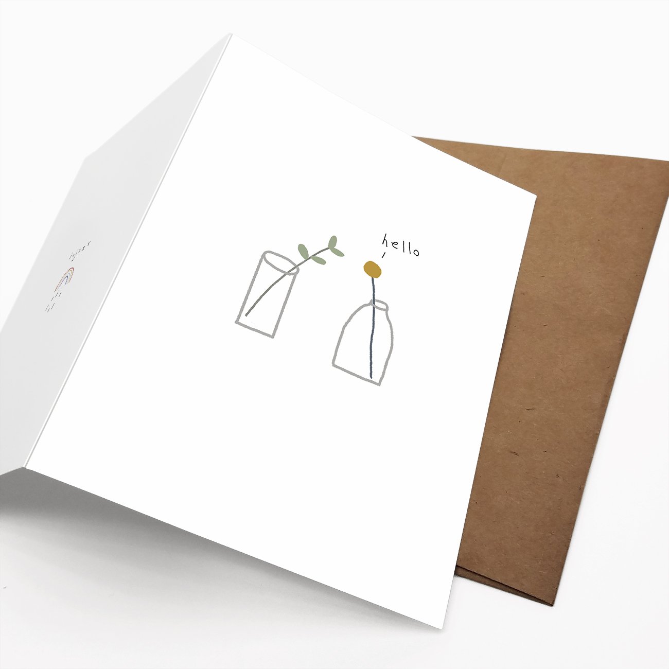 Charming foldable card with 'Hello (Thinking of you)' design, featuring a blank interior and a matching Kraft envelope.