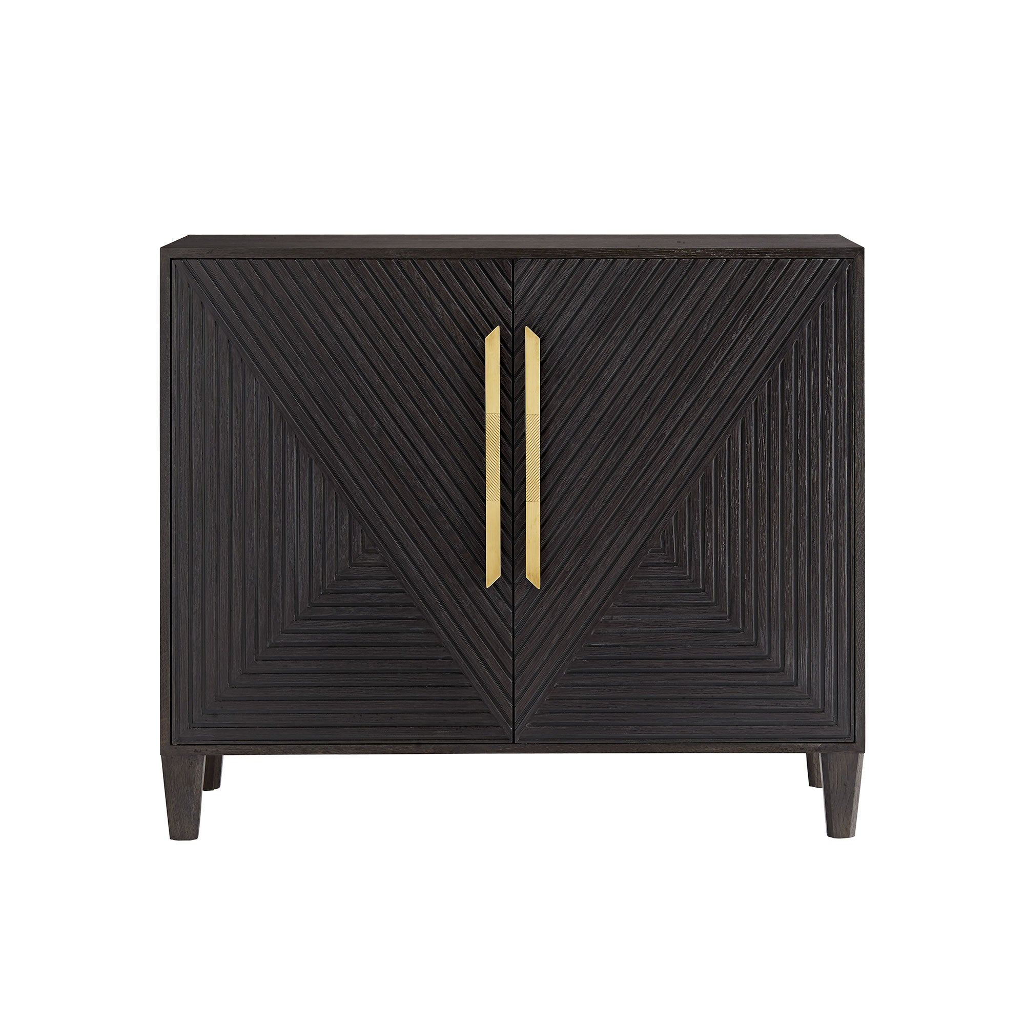 Hendrix Cabinet featuring solid oak construction, deep ebony finish, and antique brass handles with a geometric motif.