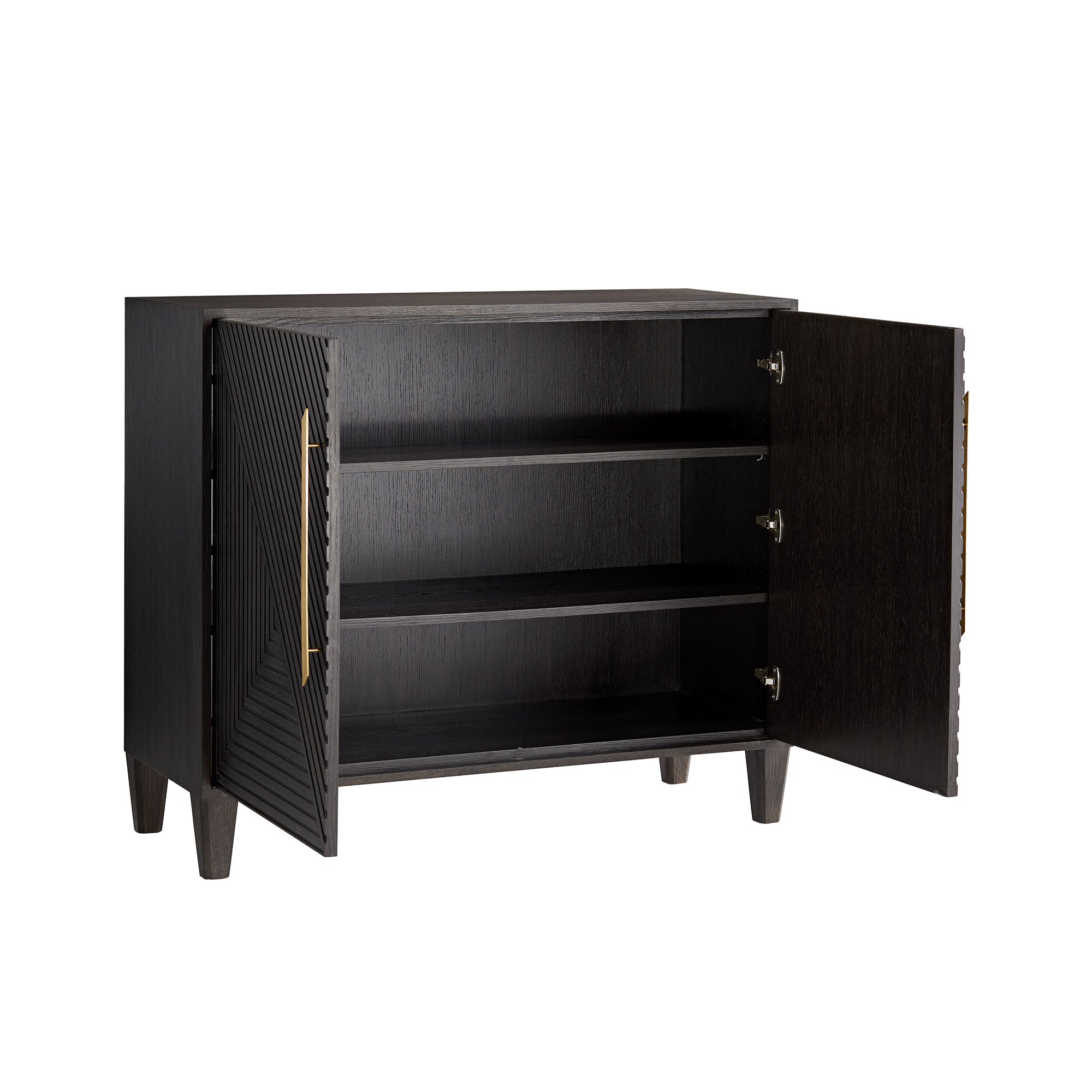 Hendrix Cabinet featuring solid oak construction, deep ebony finish, and antique brass handles with a geometric motif.