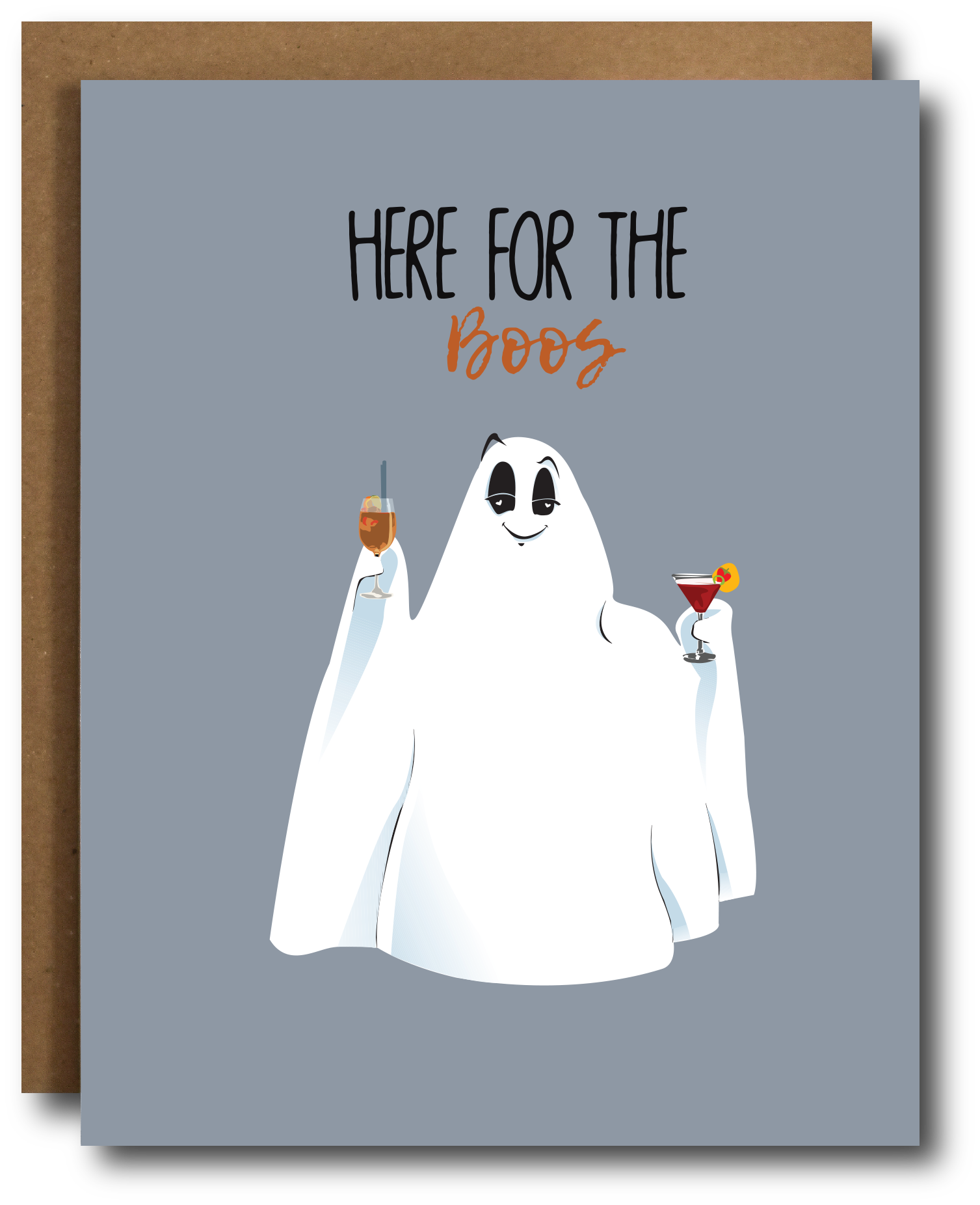 Here for the Boos Card featuring a playful autumn design with a brown recycled kraft envelope.