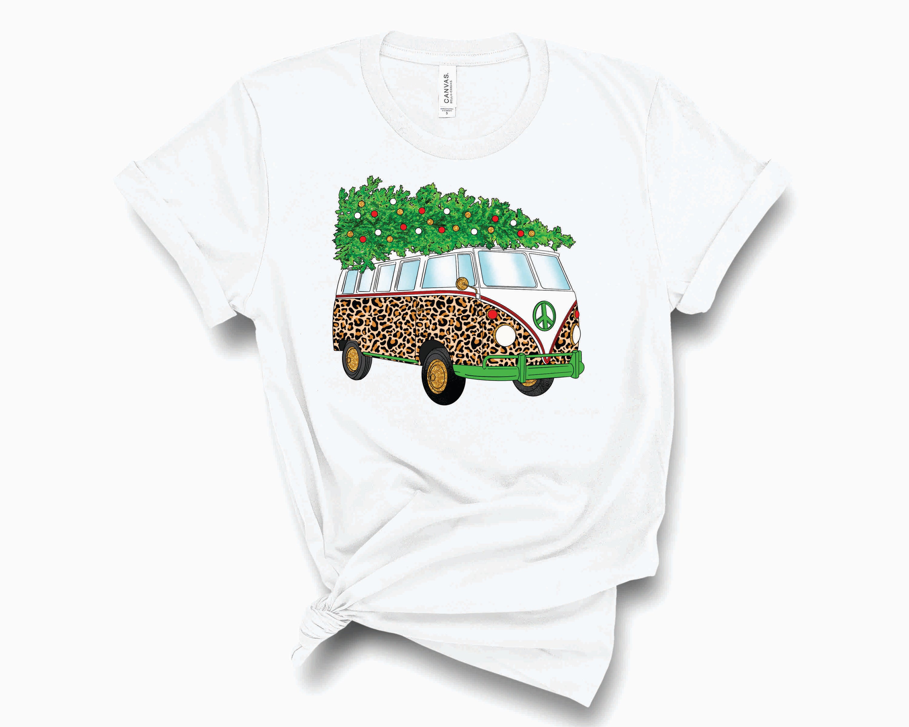Hippie Bus Christmas Leopard Graphic Tee featuring a festive leopard print design on a comfortable unisex t-shirt.