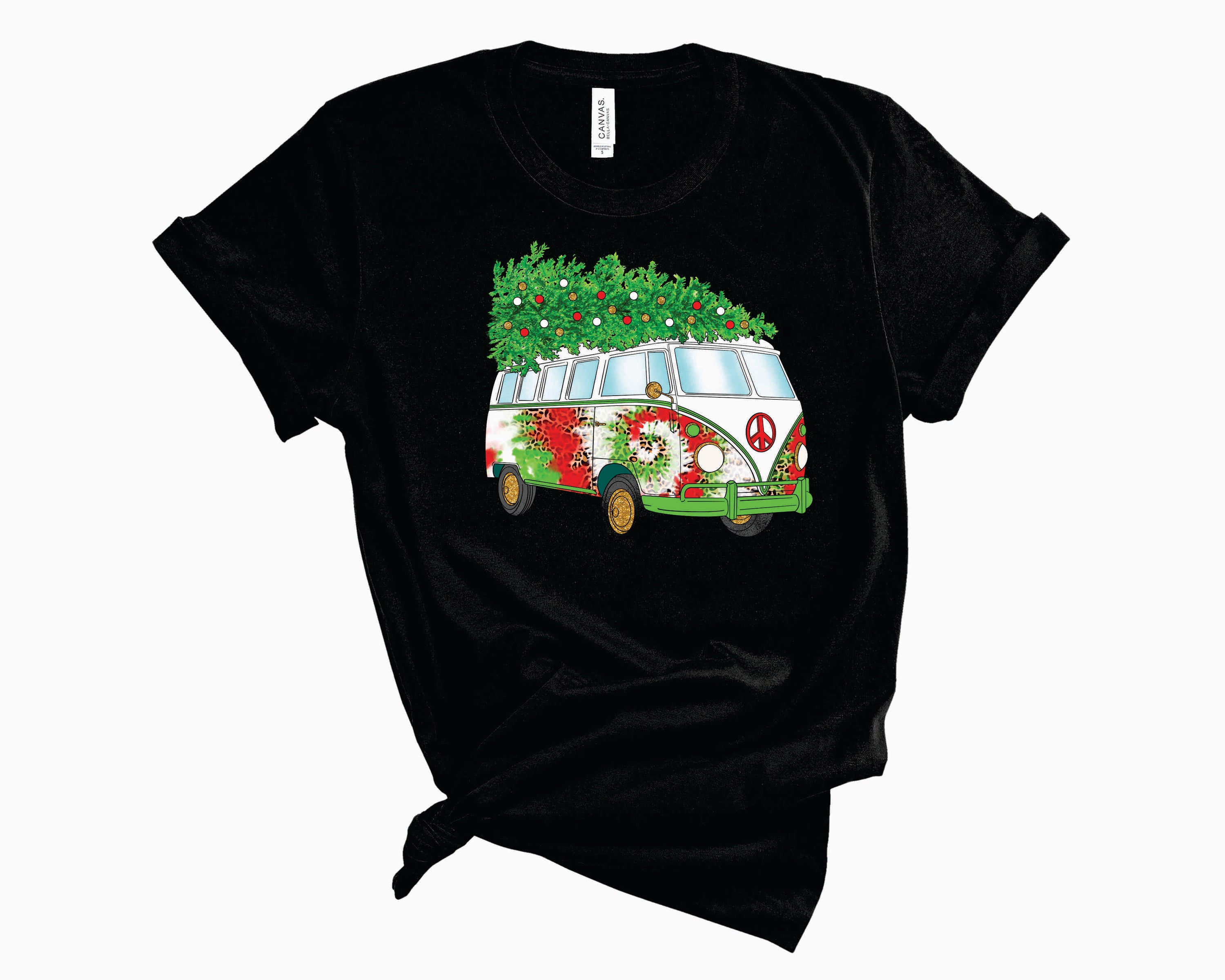 Hippie Bus Christmas White Tie Dye Graphic Tee featuring a vibrant tie-dye pattern and a nostalgic hippie bus graphic.