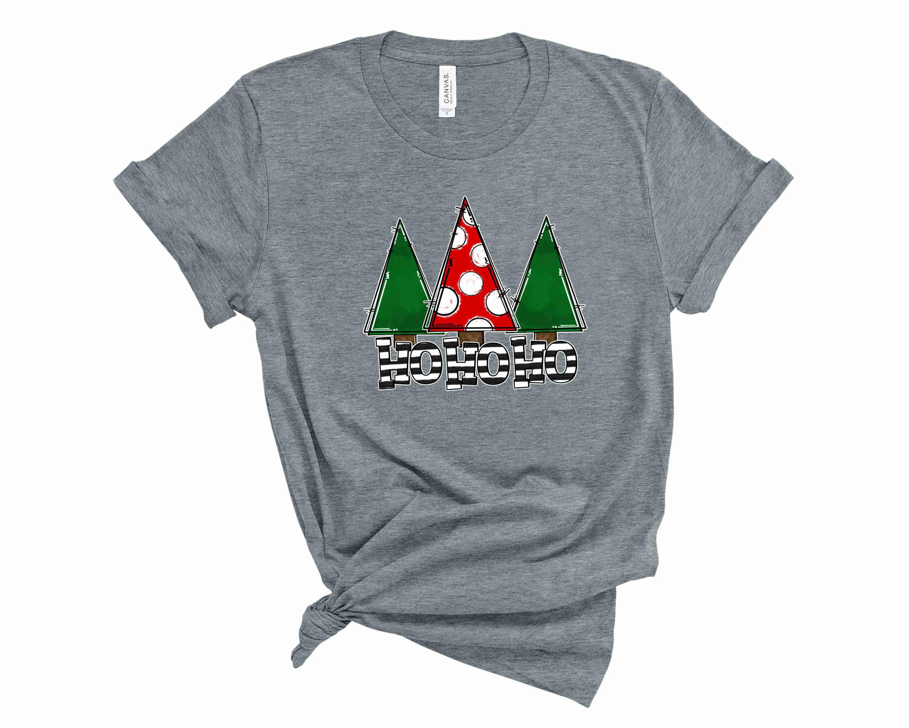 A festive unisex graphic tee featuring 'Ho Ho Ho' text and Christmas trees, perfect for holiday celebrations.
