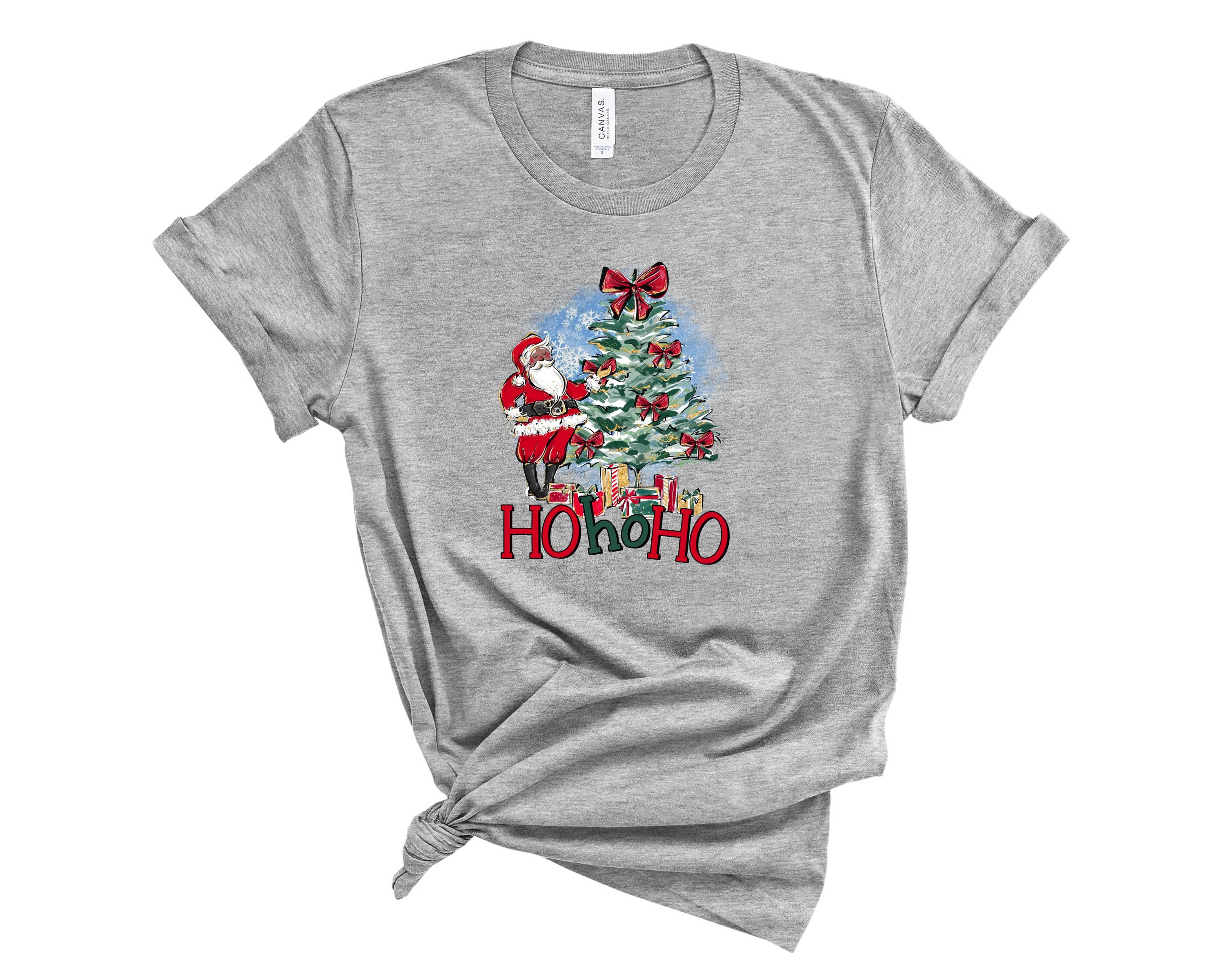 A festive HO HO HO graphic tee featuring a bold holiday design, suitable for unisex wear, made from soft fabric.