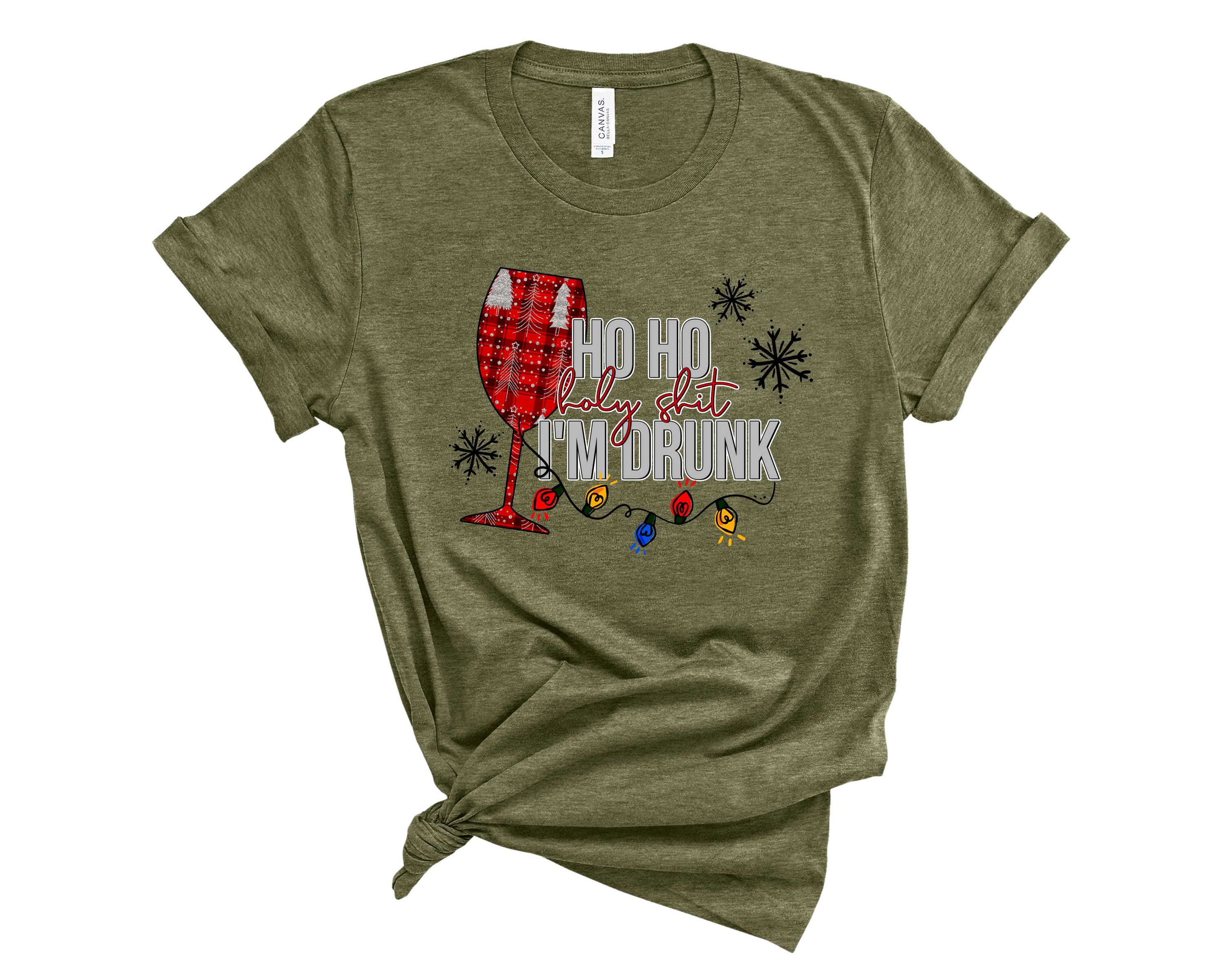 A festive unisex t-shirt featuring the humorous graphic 'Ho Ho I'm Drunk' in bold letters, perfect for holiday celebrations.