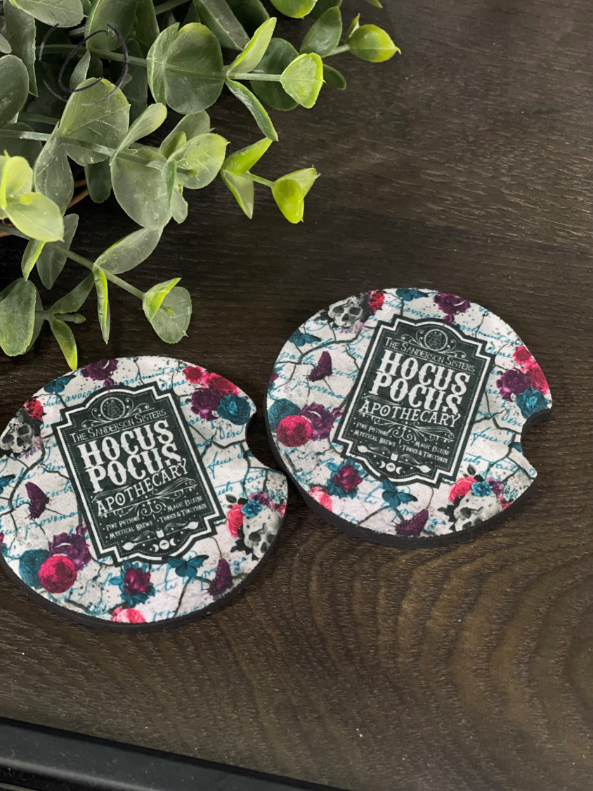 Hocus Pocus Apothecary Car Coaster Set featuring a whimsical design, made of durable neoprene, perfect for car cup holders.